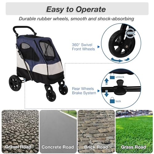 4 Wheels Folding Pet Strolling Cart with Storage Bag, Pet Stroller for Medium Large Dog with Adjustable Handle, Travel Jogger Pet Stroller with Mesh Skylight