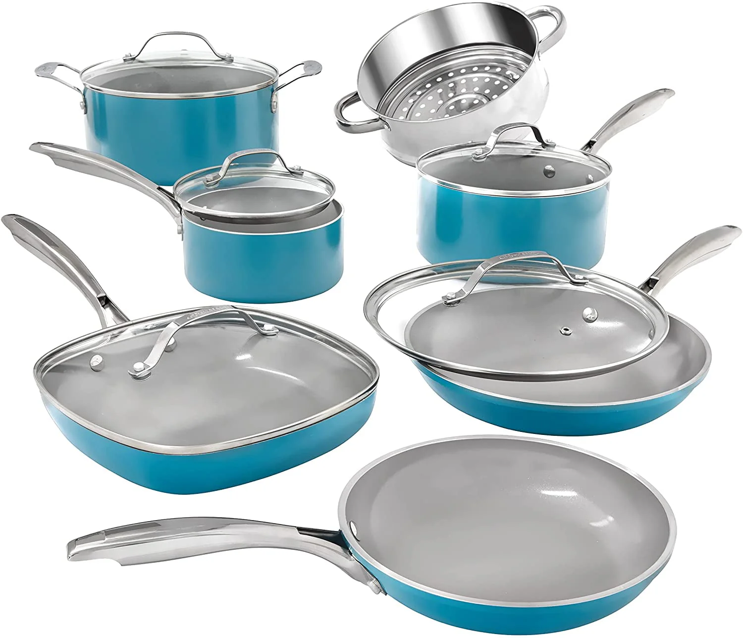 Gotham Steel Pots and Pans Set, 12 Pieces Kitchen Set with Non-Stick Ti-Cerama Copper Coating – Includes Skillets, Fry Pans and Stock Pots, Ocean Blue