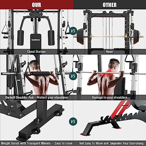 SunHome Smith Machine, 2000LBS Power Cage Squat Rack with Smith Bar, Two LAT Pull-Down Systems, Cable Crossover Machine and and More Cable Attachment for Home Gym