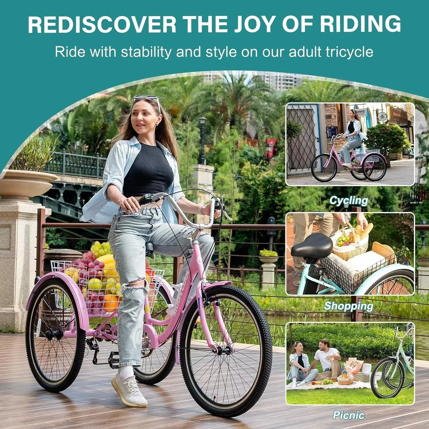 MOPHOTO Adult Tricycles 3 Wheel 7 Speed Trikes, 20/24/26 inch with Big Basket for Shopping, Picnics Exercise Men's Women's Senior's Trike