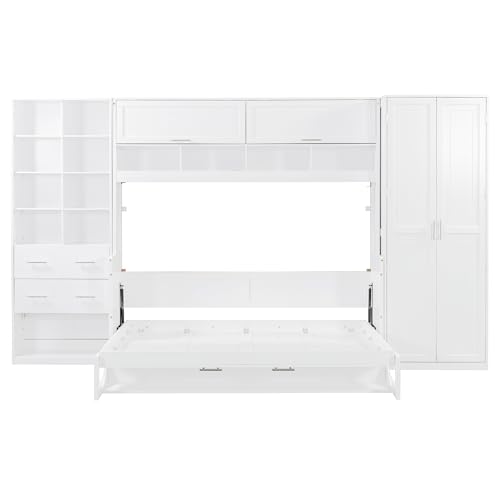 KLMM Wooden Murphy Bed Wall Bed with 2 Wardrobe and Storage Shelf,Foldable Platform Bedframe for Guest-Room Bedroom Study Office Use (White#E, Full)