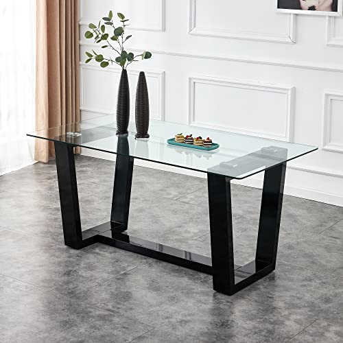 Glass Dining Table Set for 6, Modern Dining Room Table Set for 6, Kitchen Table Set for 6,Glass Dinner Table Set with Black Bracket Pedestal for Kitchen Dining Room