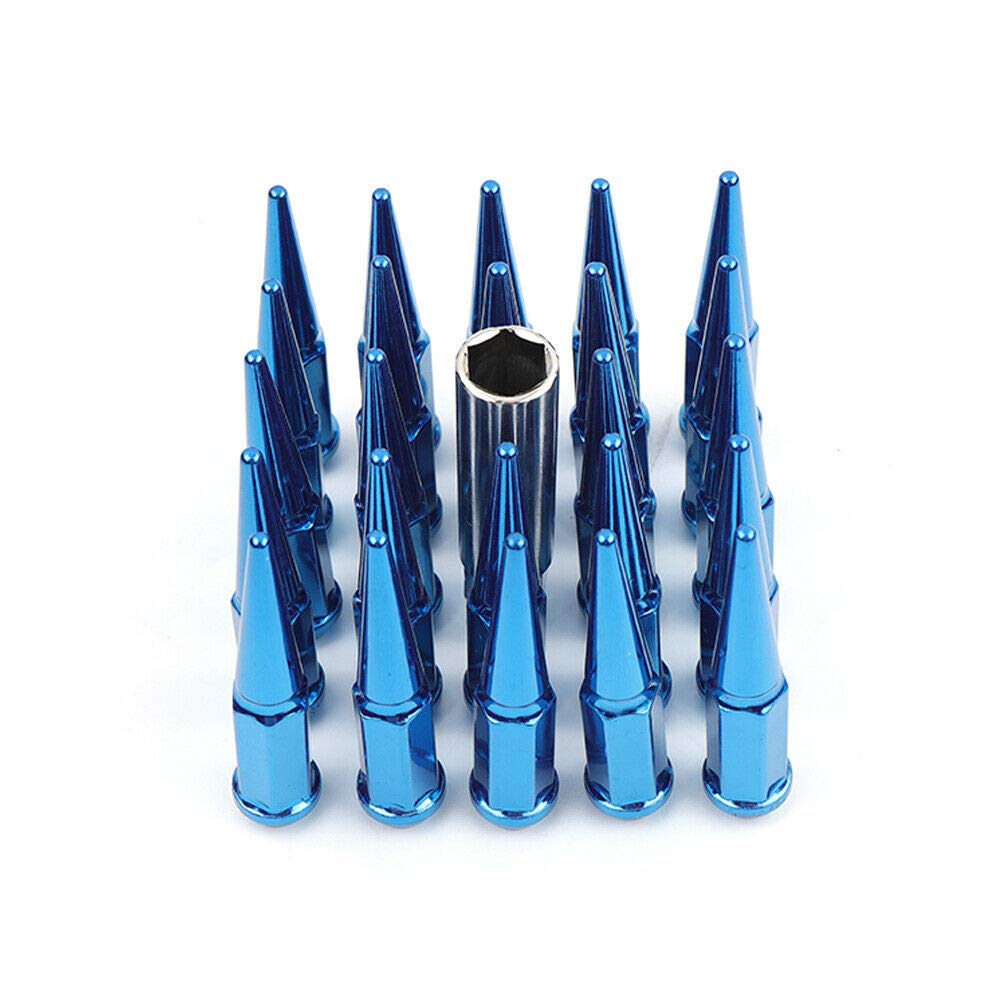 Spike Lug Nuts, 24Pcs Blue/Red Wheel Spike Lug Nuts Closed End Nuts w/Key for Chevy Silverado Tahoe 4.4" Tall 14x1.5 (US Stock) (Blue) Pack of 2