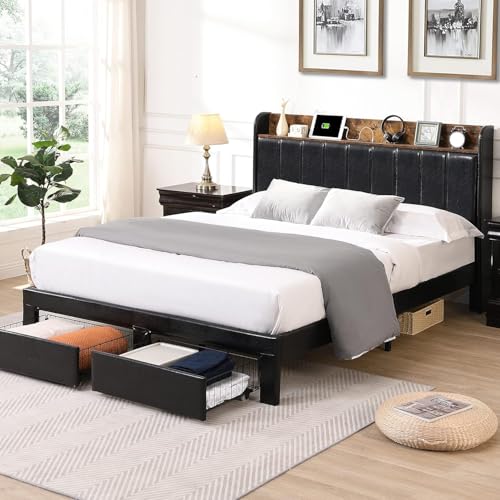 Queen Bed Frame with Headboard & Charging Station, Upholstered Platform Bed Frame with 2 Storage Drawers, Sturdy Wooden Slats Support/No Box Spring Needed/Noise Free/Easy Assembly/White