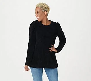 Logo by Lori Goldstein Puff Sleeve Chenille Eyelash Sweater, Size X-Large, Black - Megean
