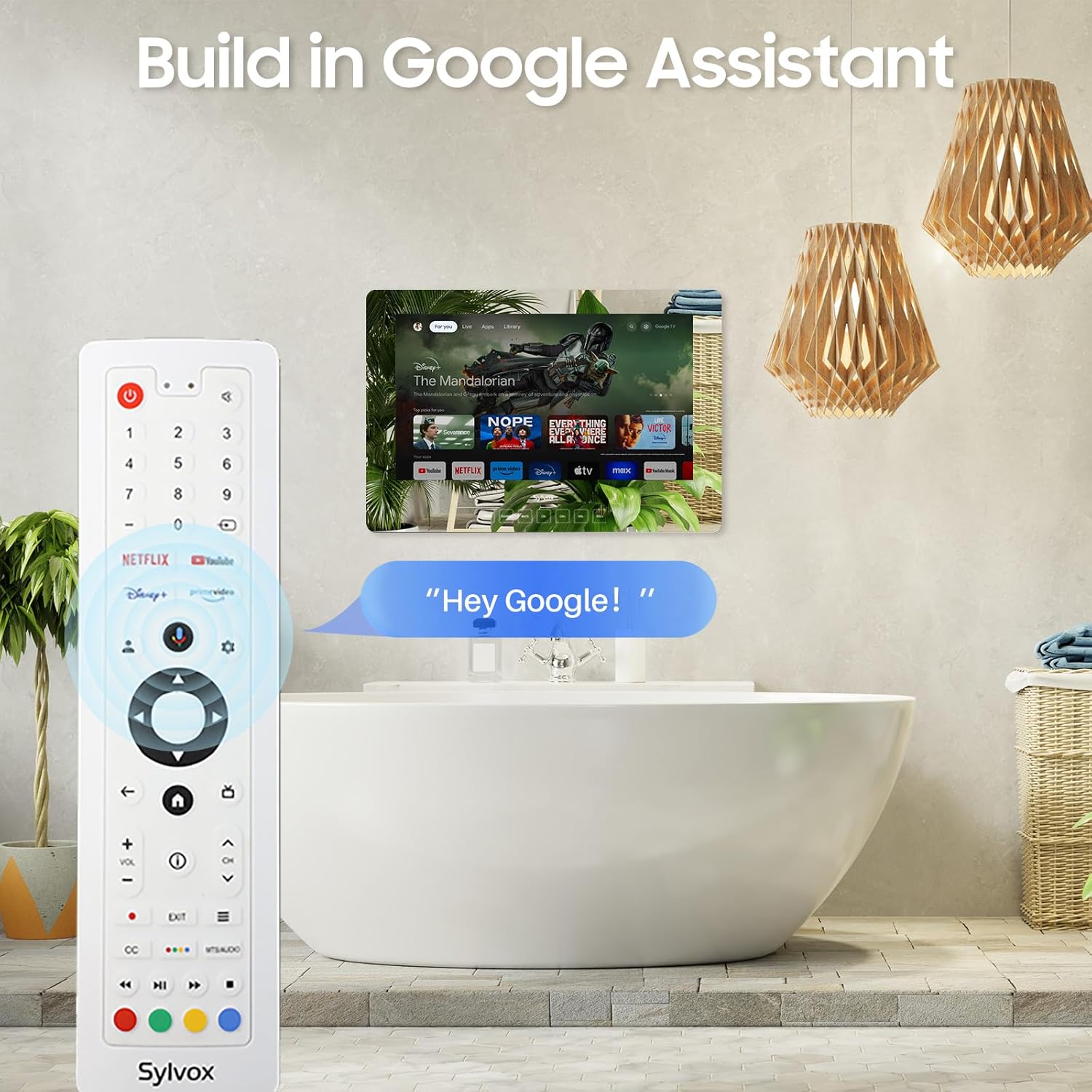 SYLVOX 24 inch Bathroom TV, 1080P Smart Mirror TV Google System NTSC & ATSC Tuner Support WiFi Bluetooth 500 nits High Brightness, IP66 Waterproof TV for Bathroom Bathtub Hotel Shower Spa (Wall Mount)