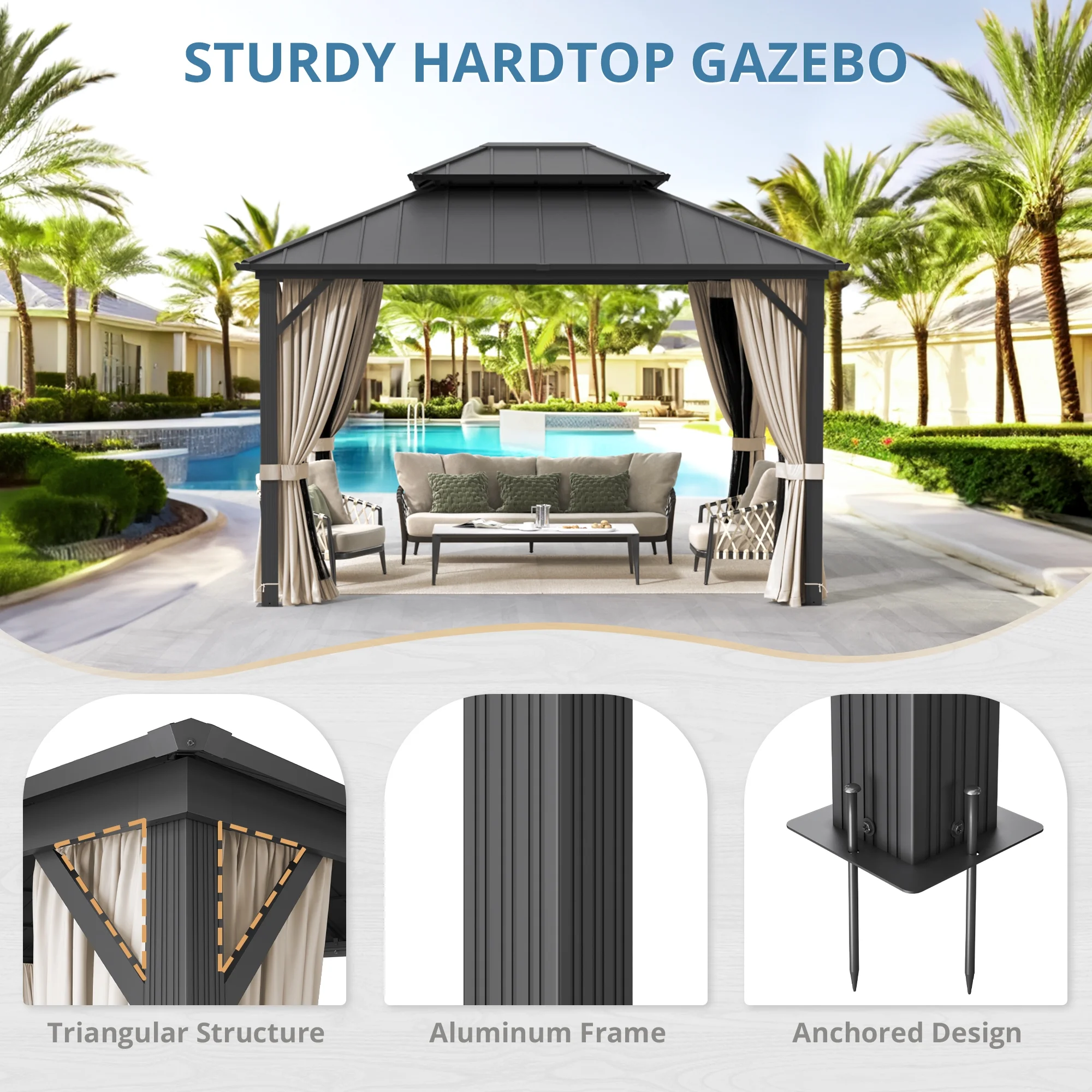 Dycanpo Hardtop Gazebo with Nettings Curtains, Galvanized Steel Double Roof Pergola,10'x12',Black - Curated Treasures Market