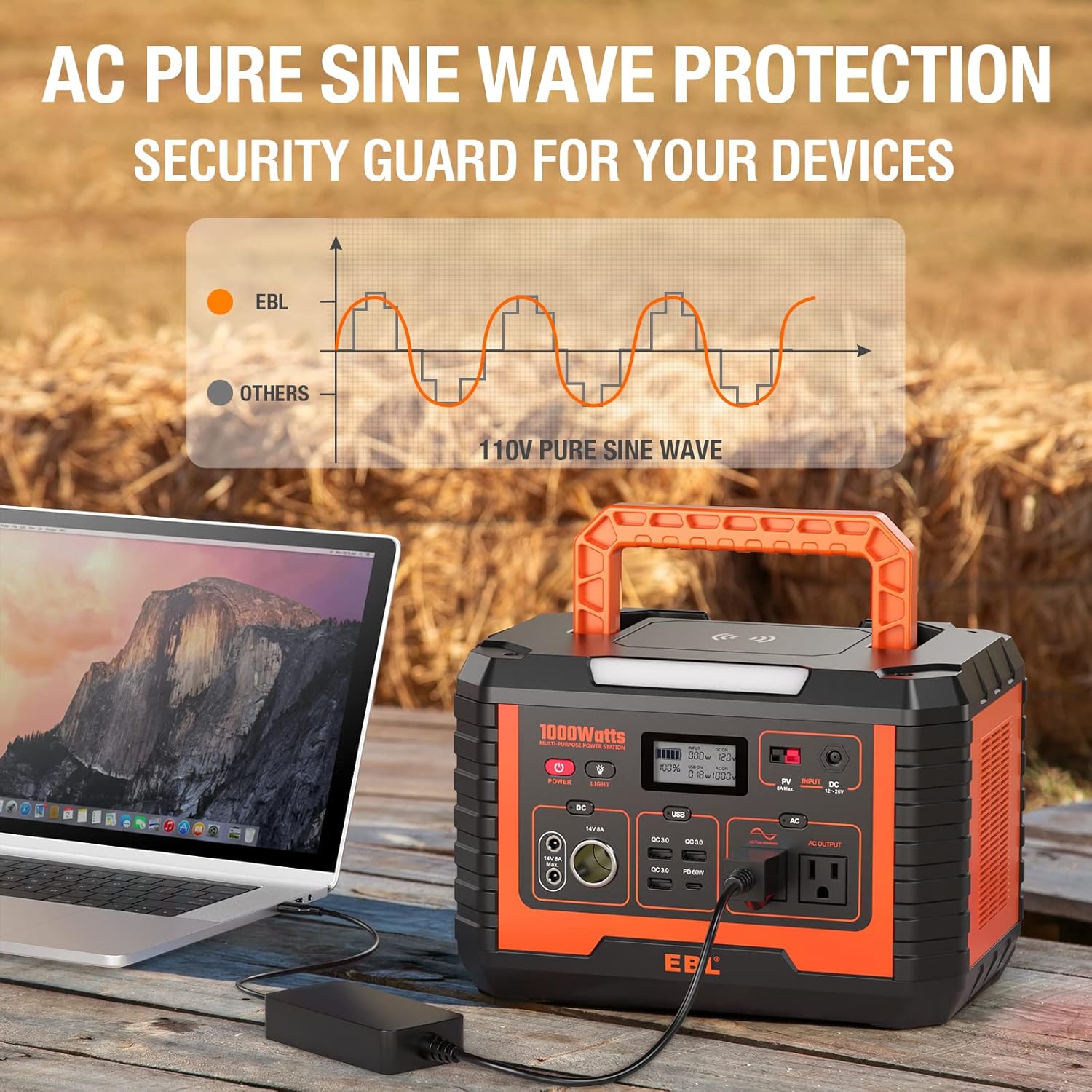 EBL Portable Power Station Voyager 1000, 110V/1000W Solar Generator, 999Wh/270000mAh High Lithium Battery, with 2 x AC Outlets, 3 x QC3.0 USB, and PD60W port for Outdoor Camping, Home Emergency, RV/Van