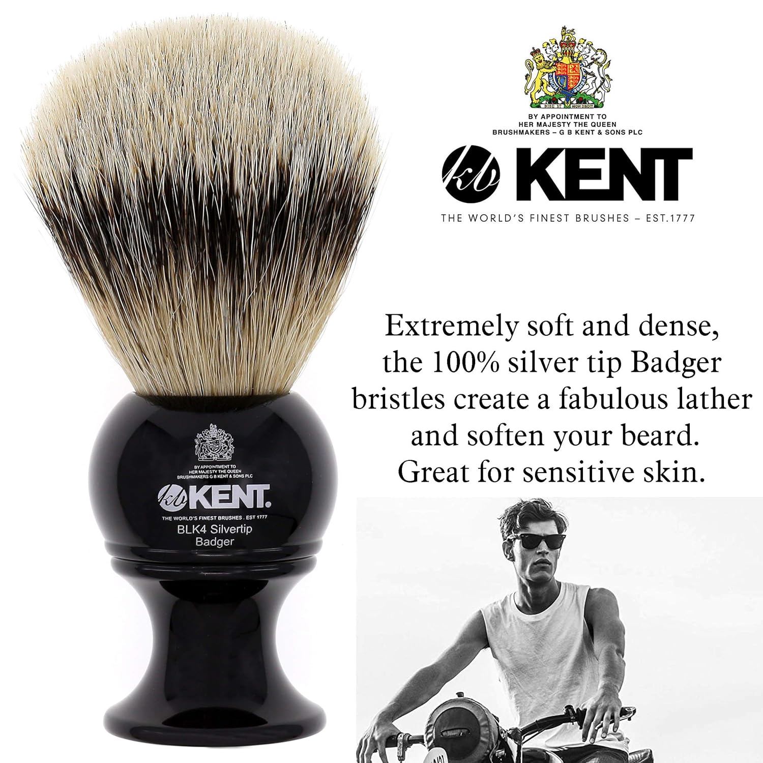 Kent BLK4 Shaving Brush, Handcrafted Silver Tip Badger Bristle and Black Base Shave Brush, for Shave Cream and Shaving Soap for a Perfect Lather, Kent Luxury Shaving Since 1777. Made in England