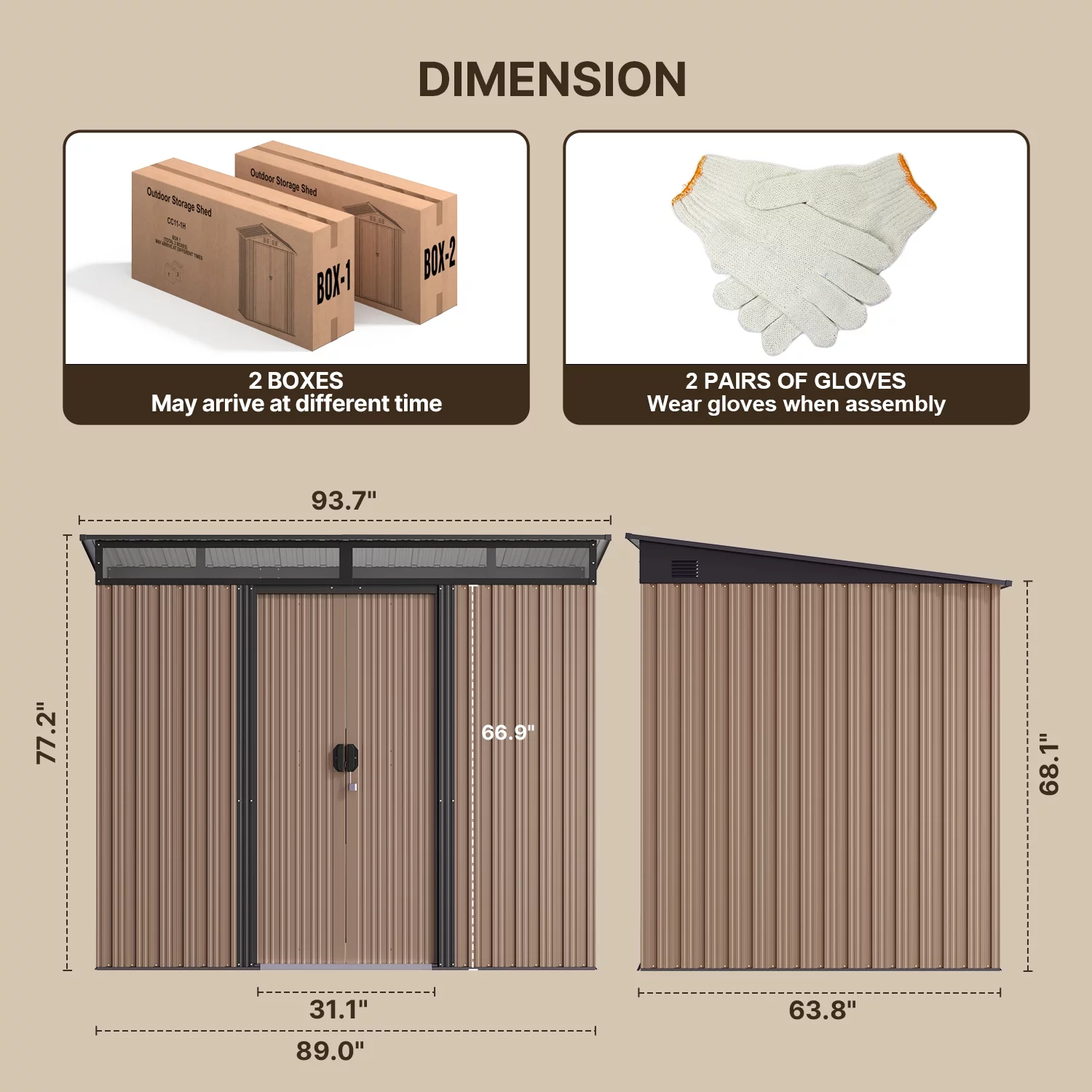 8'x6' Metel Shed, Lofka Outdoor Storage Shed,w/ Sliding Doors, Light Brown