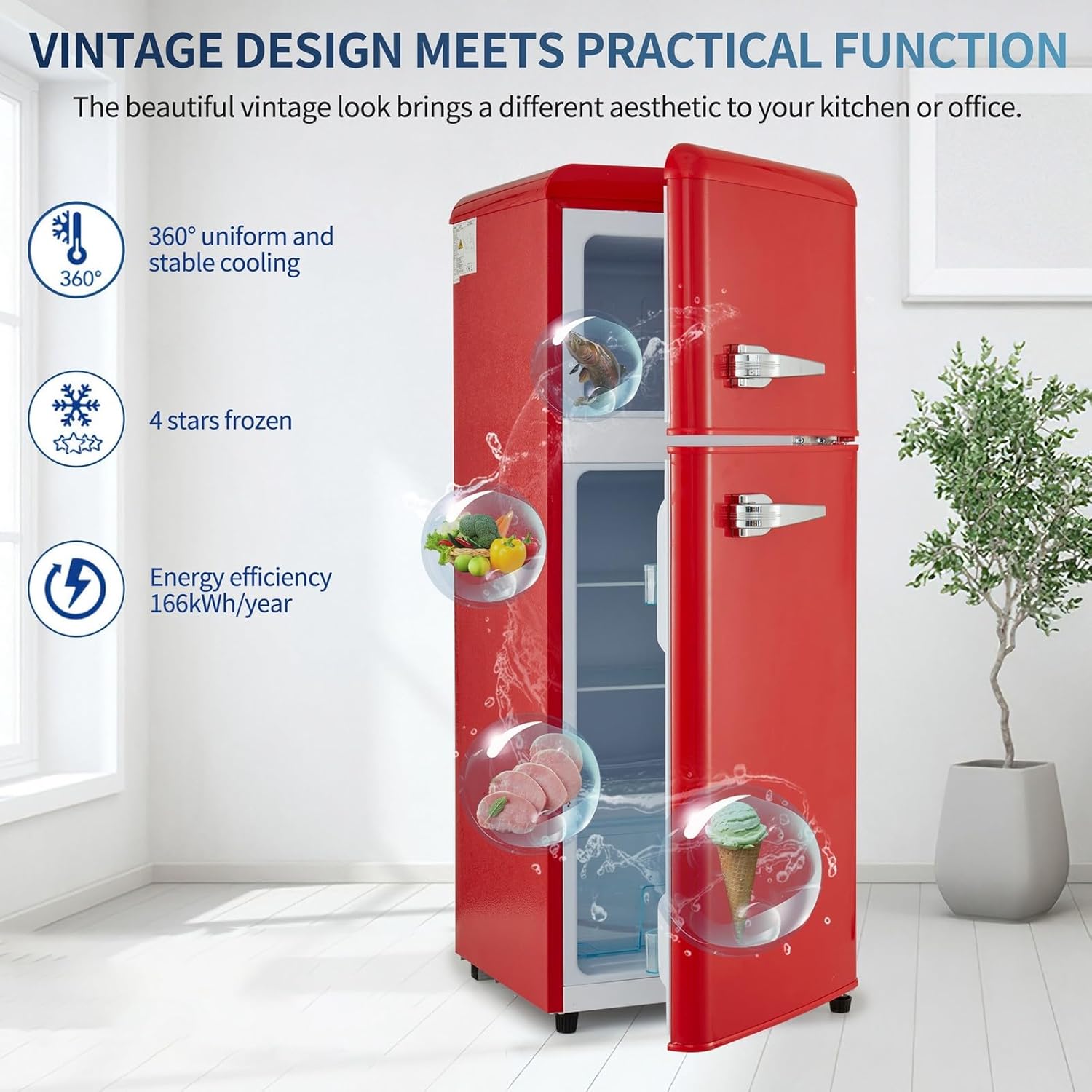 Retro Mini Red Fridge with Freezer - 4.5 Cu.ft, Smart Temp Management for Bedroom, Office, Dorm, RV, Apartment. Adjustable Thermostat, Stylish 2-Door Design.