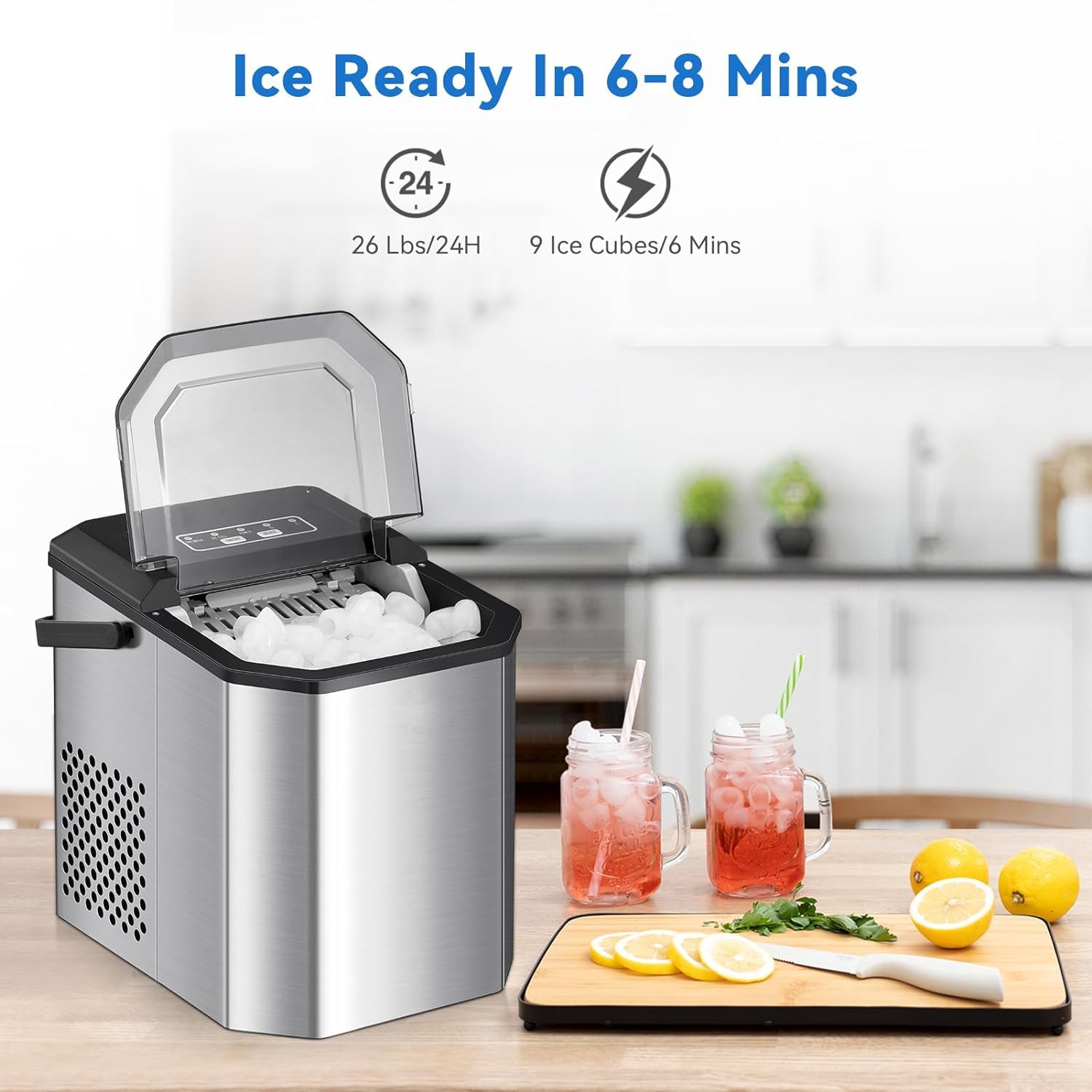 Mini Portable Automatic Electric Countertop Ice Maker Stainless Steel Countertop Ice Maker 33 lbs/24 Hours Output, Self-Cleaning,Basket for Home/Kitchen/Office/Bar