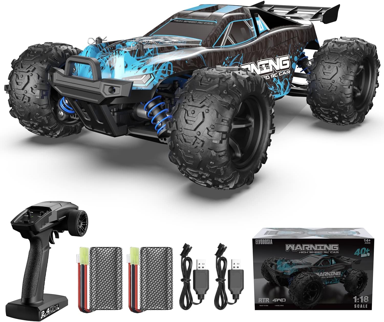 ELVODOSIA High-Speed 1:18 Scale RC Cars, 40 KM/H All-Terrain Remote Control Car for Adults Kids, 4x4 Off-Road Waterproof RC Truck, Two Rechargeable Batteries for 40+ MINS