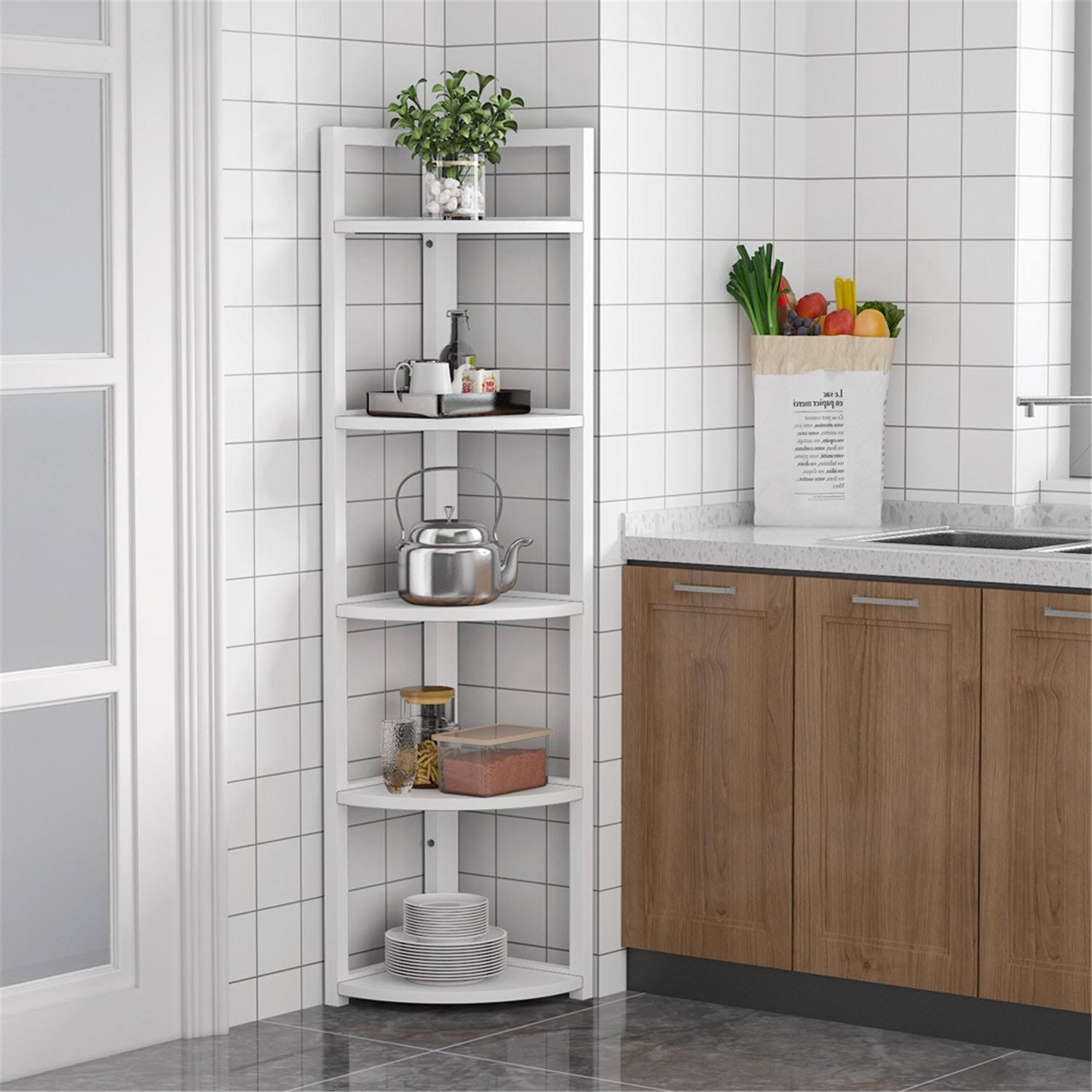 5 Tier Corner Shelf, Corner Storage Rack Plant Stand - Light Brown