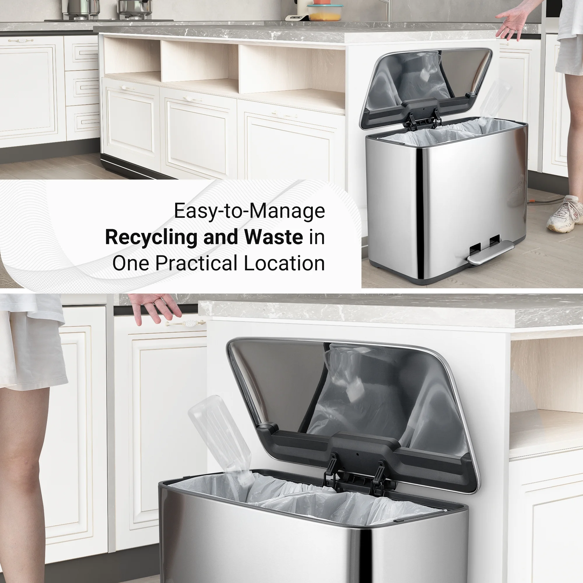Innovaze 9.5 Gallon Trash Can, 4.75 Gallon Dual Compartment Recycling Step-On Kitchen Trash Can, Stainless Steel