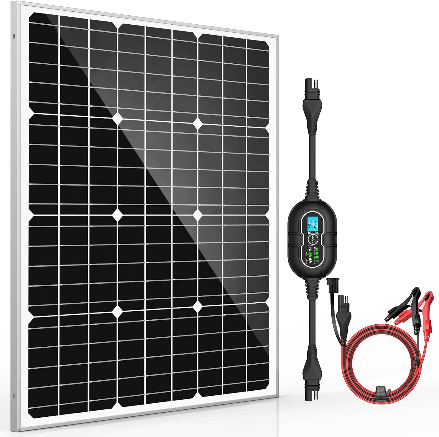 20W 12V Solar Panel Kit Battery Maintainer Trickle Charger Pro + Advanced 10A MPPT Charge Controller + SAE Battery Clip Cable for 12 Volt Boat Car RV Trailer Motorcycle Automotive Home Off Grid System
