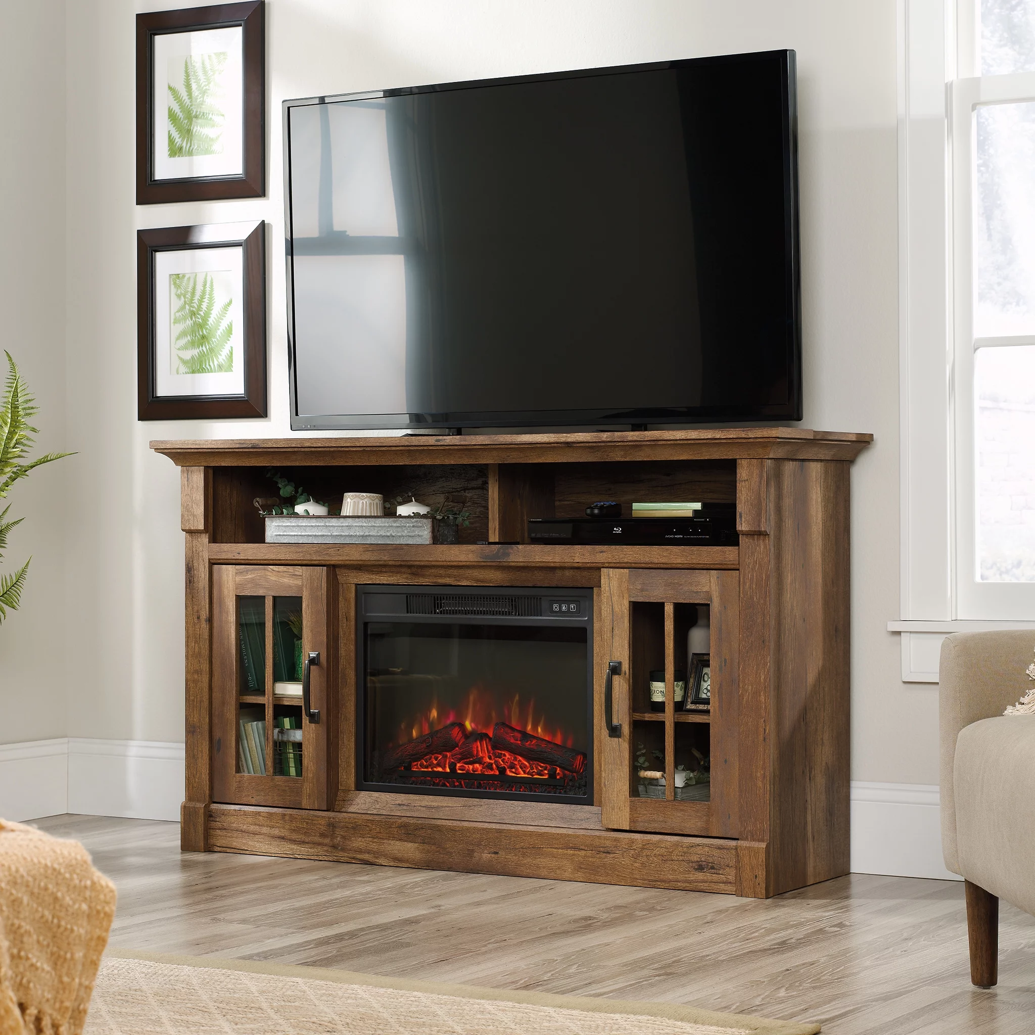 Sauder Rustic Fireplace TV Stand for TVs up to 50", Vintage Oak Finish