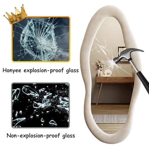 Honyee Full Length Mirror, 63" x 24" Wall Mirror, Flannel Wrapped Wooden Frame Floor Mirror, Irregular Wavy Mirror Hanging or Leaning Against Wall for Cloakroom/Bedroom/Living Room, Milk Tea