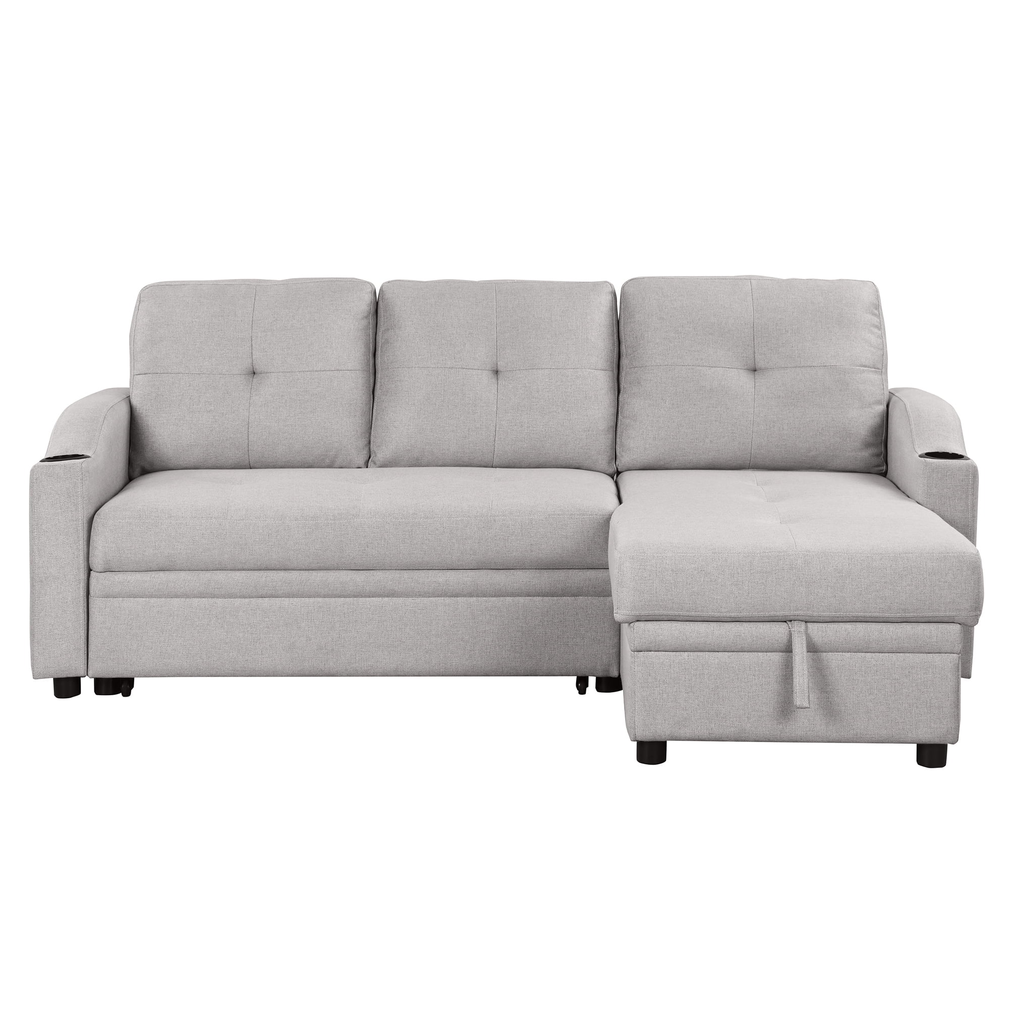 Euroco 80" Pull Out Sofa Bed L Shape Sofa with Storage Chaise and Cup Holder, Linen Fabric 3 Seater Couch, Gray