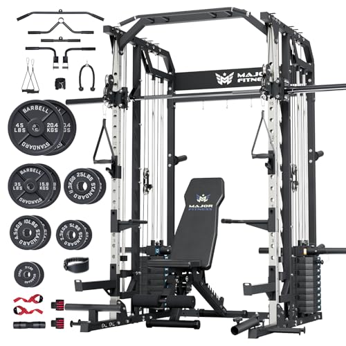 Major Fitness Drone2 Advanced Training Smith Machines– All-in-One Home Gym Squat Rack with Aluminum Pulley Set , Weight Bar, Dual LAT Pull-Down Systems & Cable Crossover Machine for Full-Body Workouts