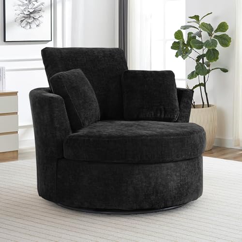 Chair and A Half with Ottoman, 360° Swivel Accent Barrel Chair Modern Comfy Round Reading Sofa Swivel Chairs Circle Lounge Chair for Bedroom Living Room w/4 Pillow Lower Seating Heigh (White, Large)