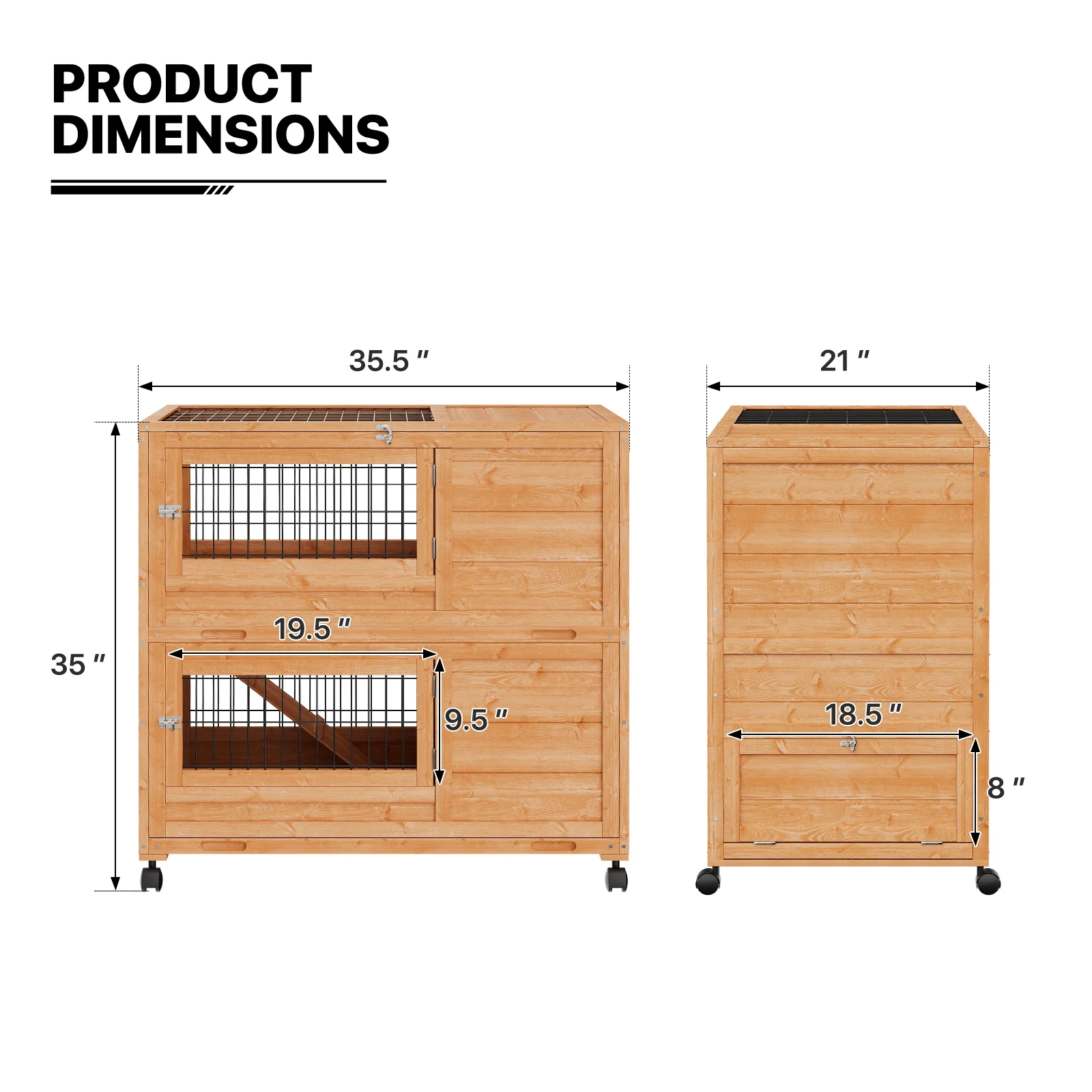 MoNiBloom 35.5" Wooden Rabbit Hutch w/2 Slide-Out Trays, Anti-Slip Ramp Bunny Cage w/4 Wheels, Natural - Curated Treasures Market