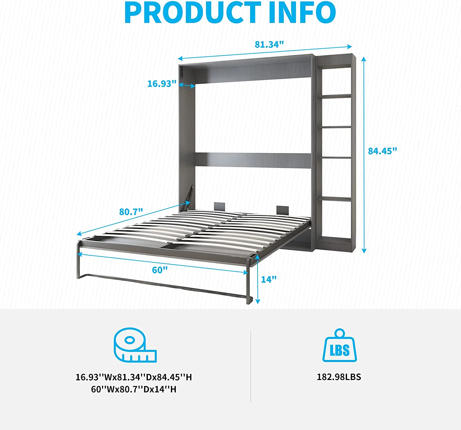 Mjkone Murphy Bed with 1 Side Cabinet, Folding Wall Bed for Bedroom, Fold Up Murphy Bed Cabinet, Murphy Chest Bed Can Be Folded into a Cabinet, Storage Bed (Dark Grey)