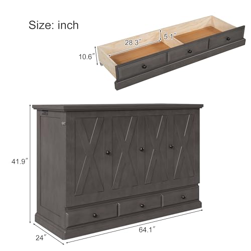 Harper & Bright Designs Queen Size Murphy Bed, Solid Pine Queen Murphy Frame Chest Cube Cabinet Bed with Charging Station and Large Storage Drawer for Home Office or Small Room, Gray