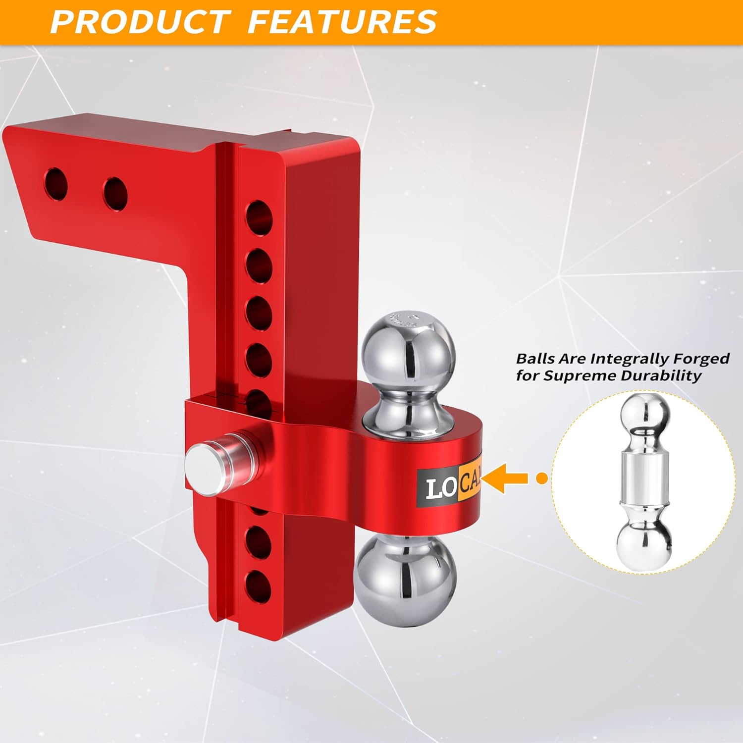 LOCAME Adjustable Trailer Hitch, Fits 2.5-Inch Receiver, 8-Inch Drop/Rise Aluminum Drop Hitch ,18,500 LBS GTW--Tow Hitch for Heavy Duty Truck with Double Stainless Steel Locks, Red, LC0015