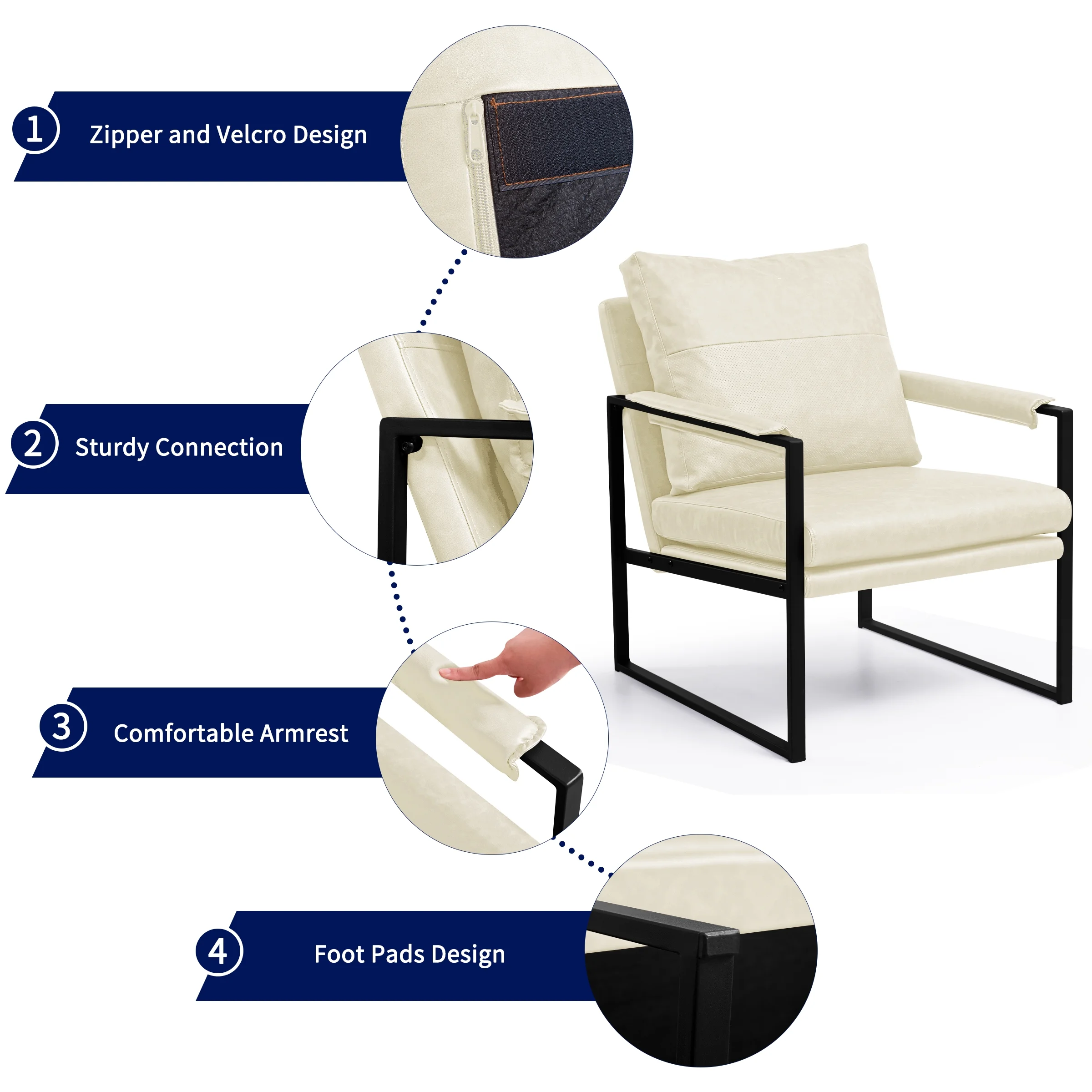 Subrtex Upholstered Modern Accent Chair with Metal Frame, Cream PU Leather
