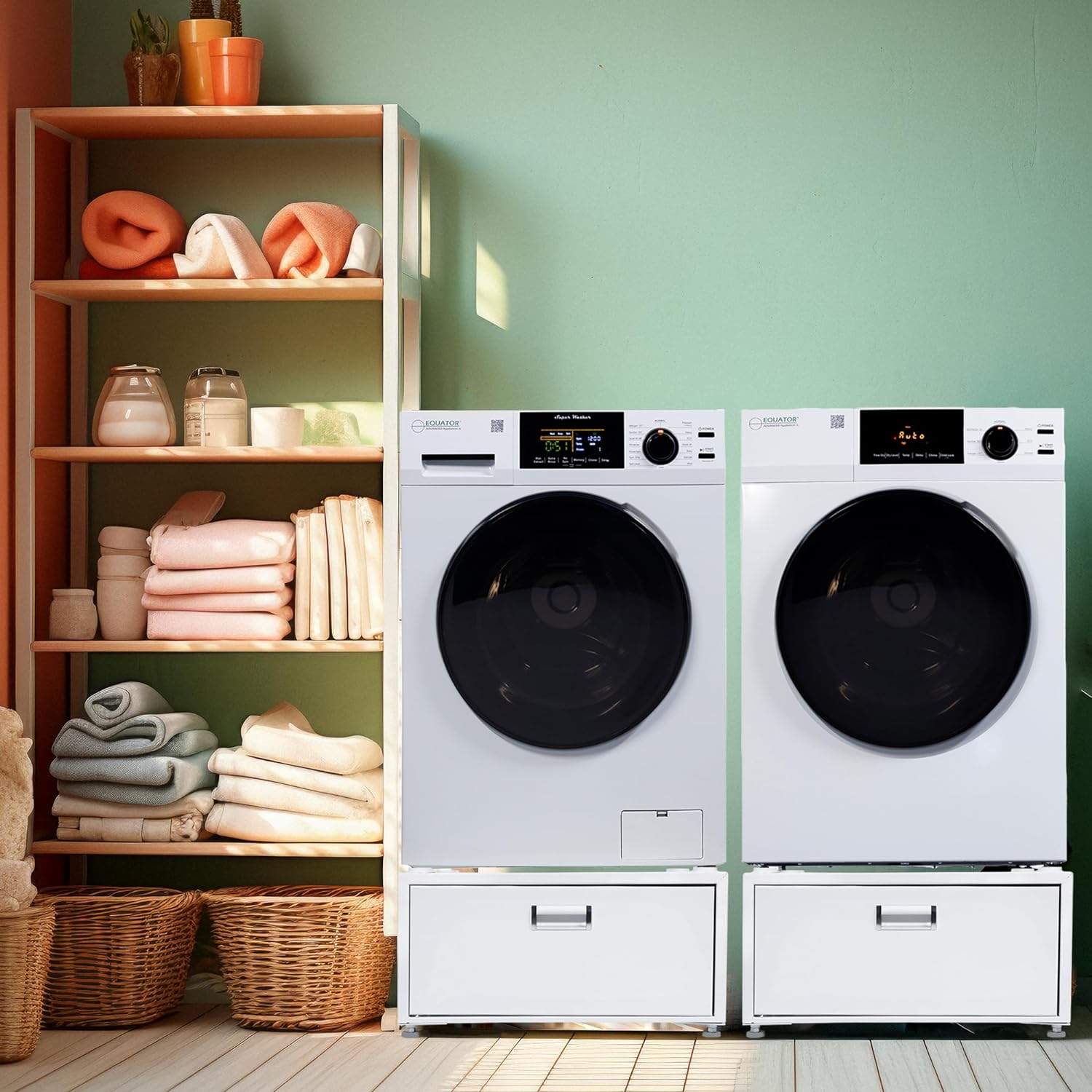 Equator Complete Laundry Set Washer 1.9cf 110V+Vented Dryer 220V+ Pedestals
