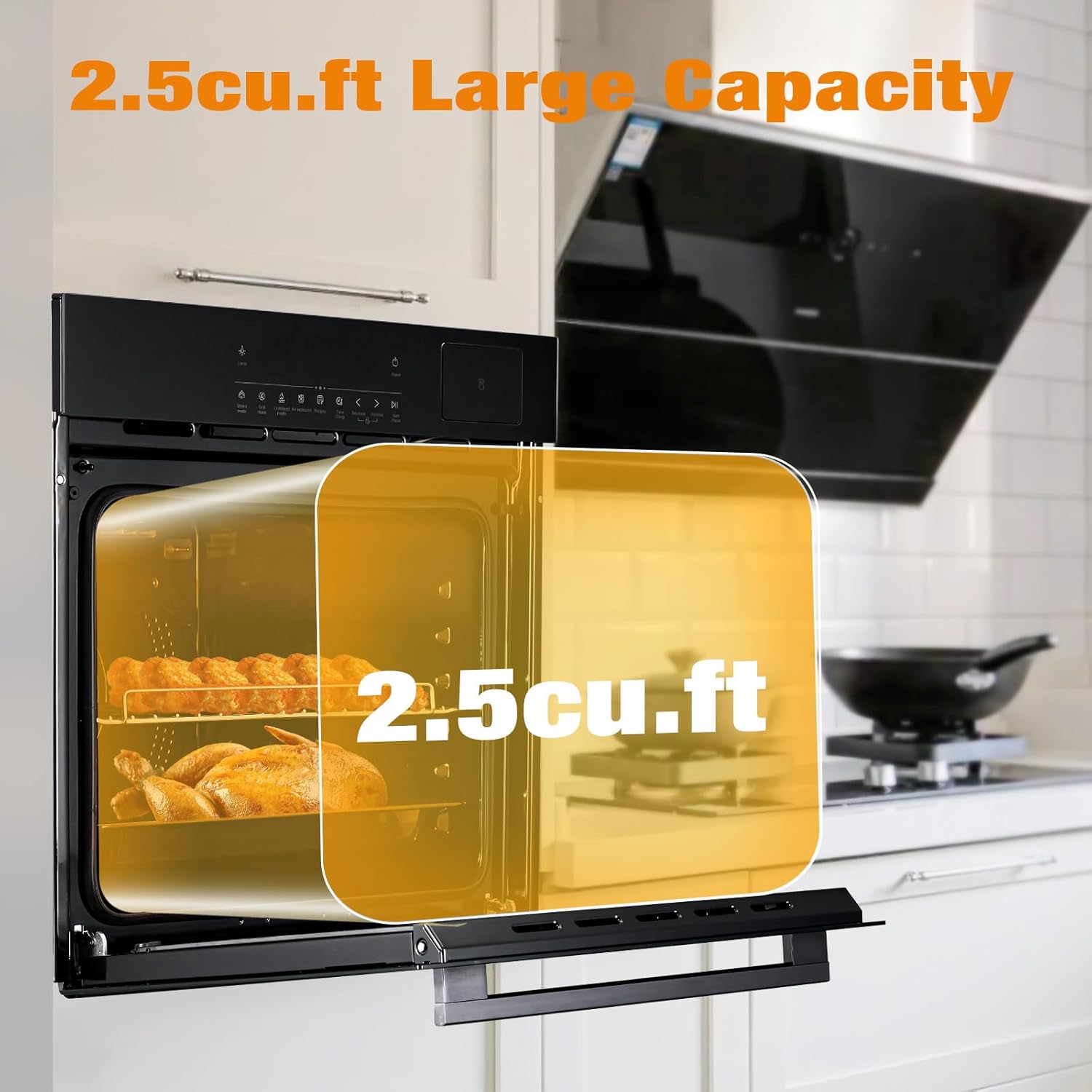 24" Electric Single Wall Oven, 2.5Cu.ft Built-in Electric Convection Oven, 8 Baking Modes, with Air Frying Function, 3000w, 3D Surround Heating with Double-Layered Glass Door, Timer, Touch Control