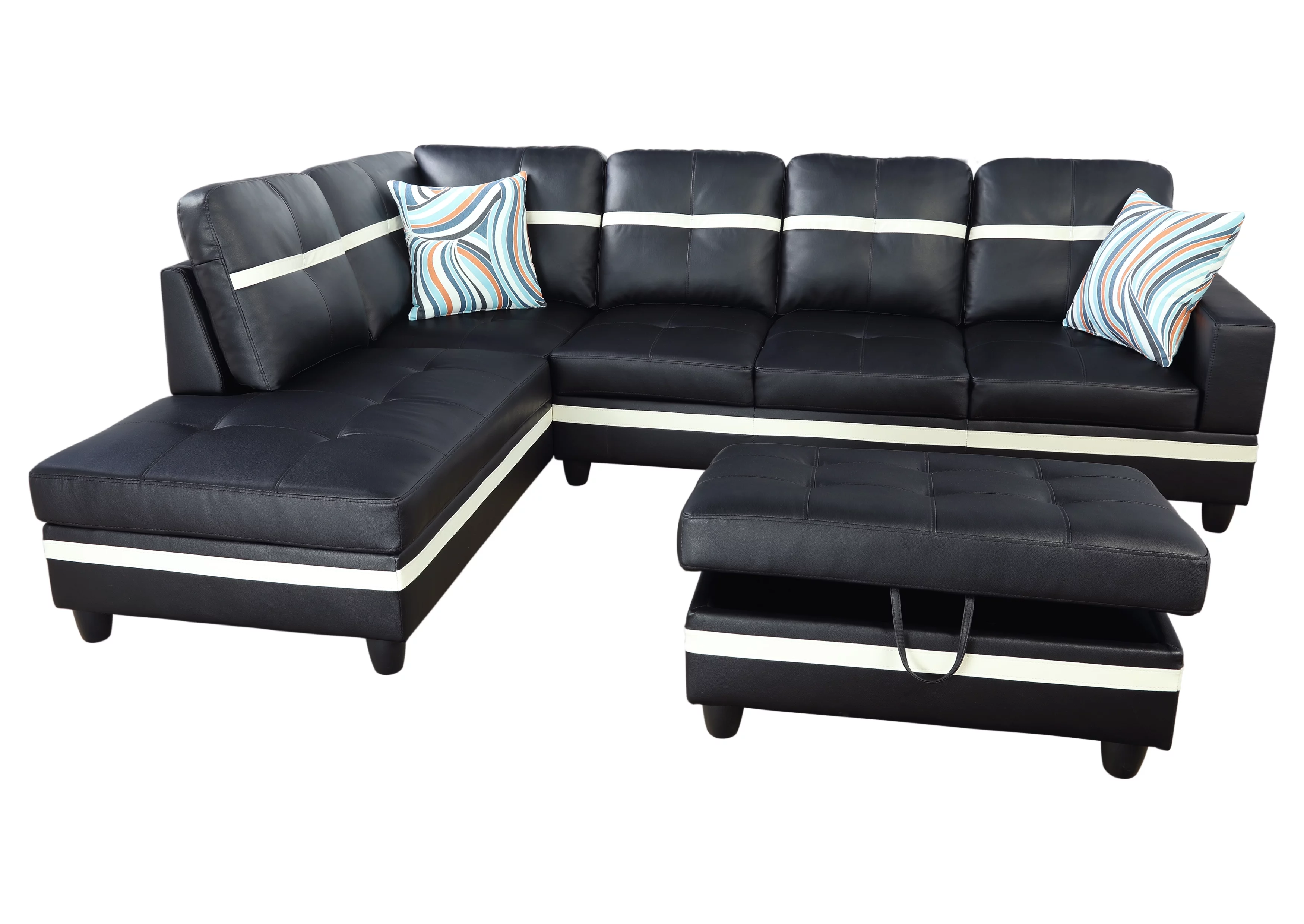 AYCP Furniture Sectional Sofa Set with Storage Ottoman, Left Hand Facing Chaise, Black Faux Leather
