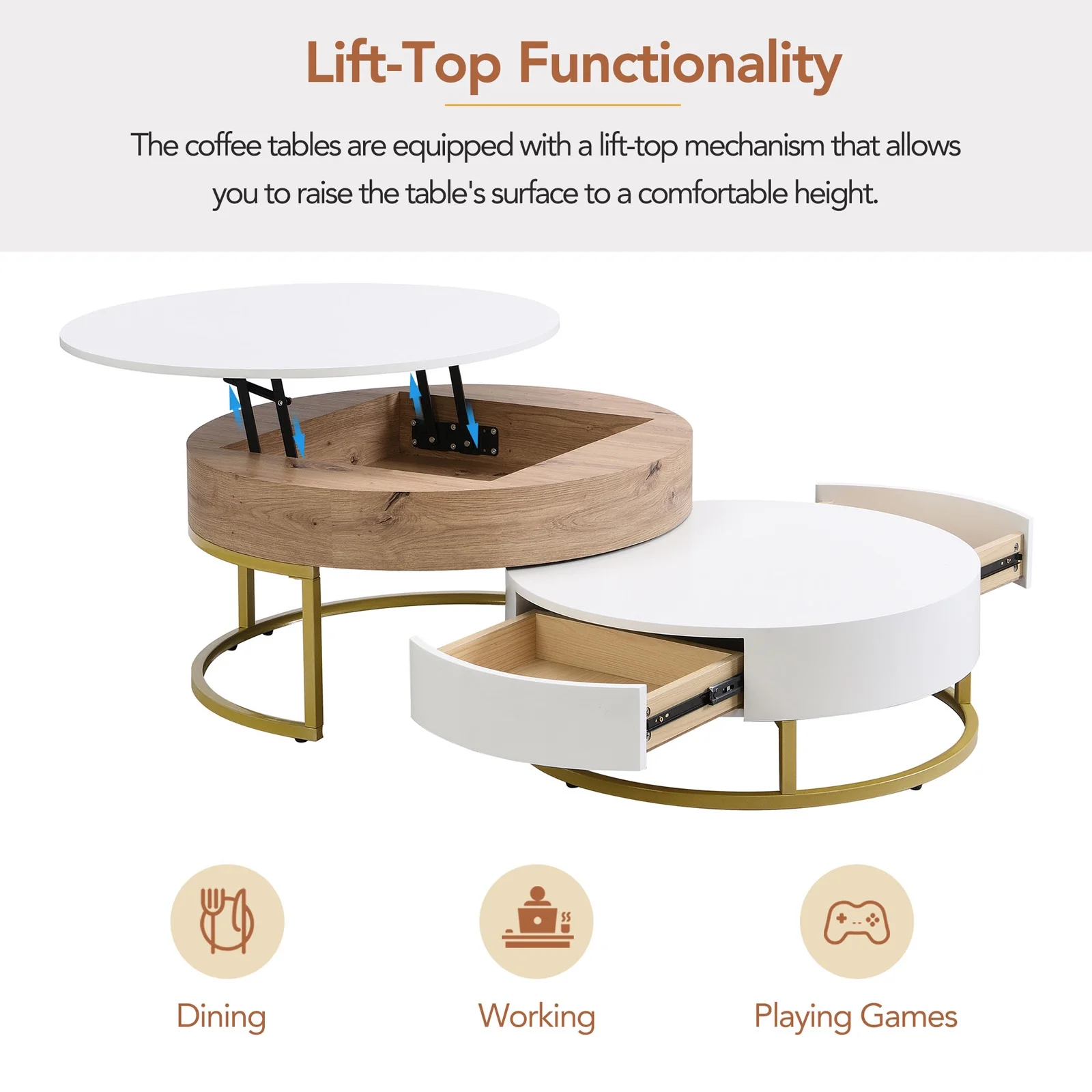 YISUYA Modern Round Lift-top Nesting Coffee Tables with 2 Drawers, Multifunctional Coffee Table, Lift Top Coffee Table, Center Table for Living Room, Home, Office, Oak Natural Wood + Antique White