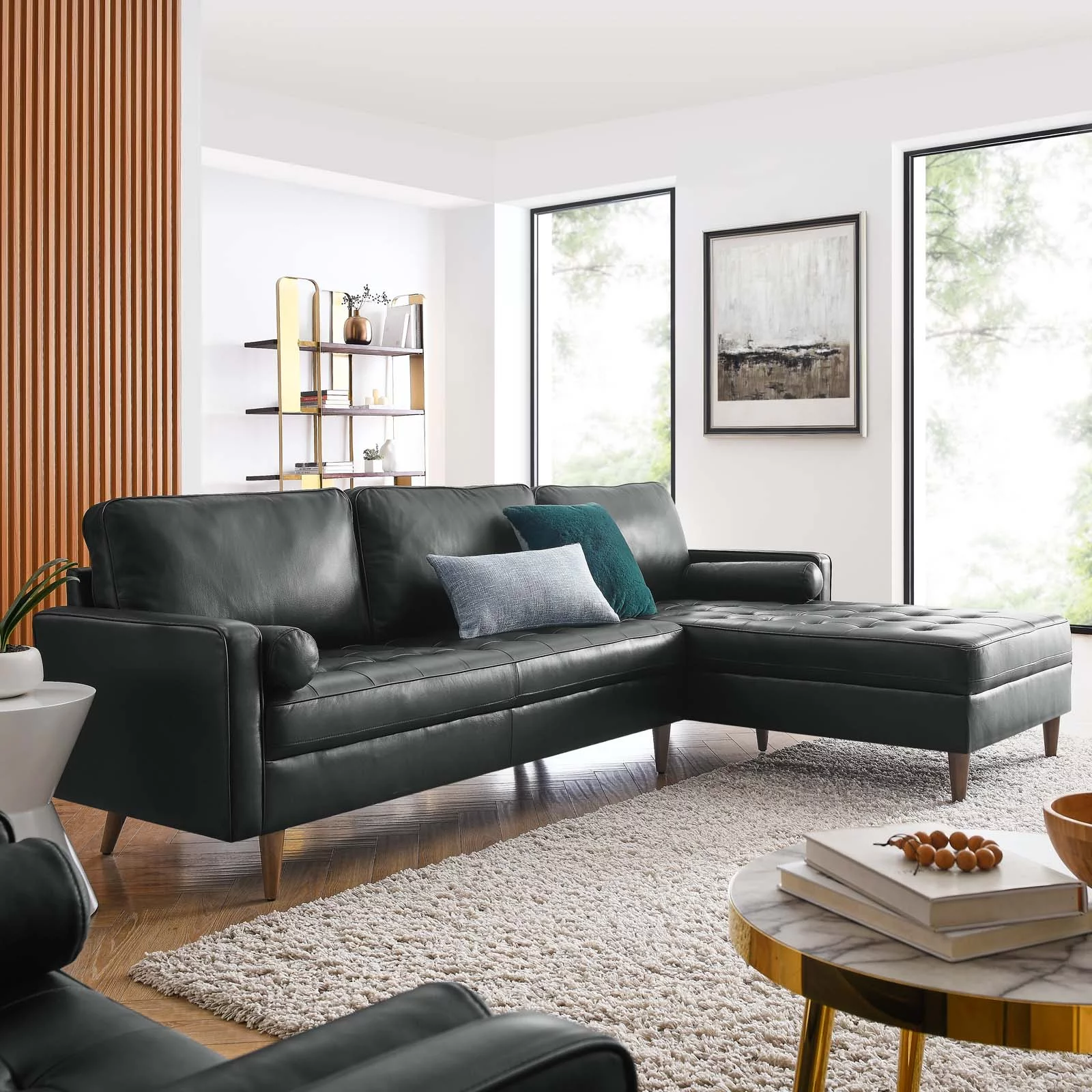 Modway Valour 98" Leather Sectional Sofa in Black