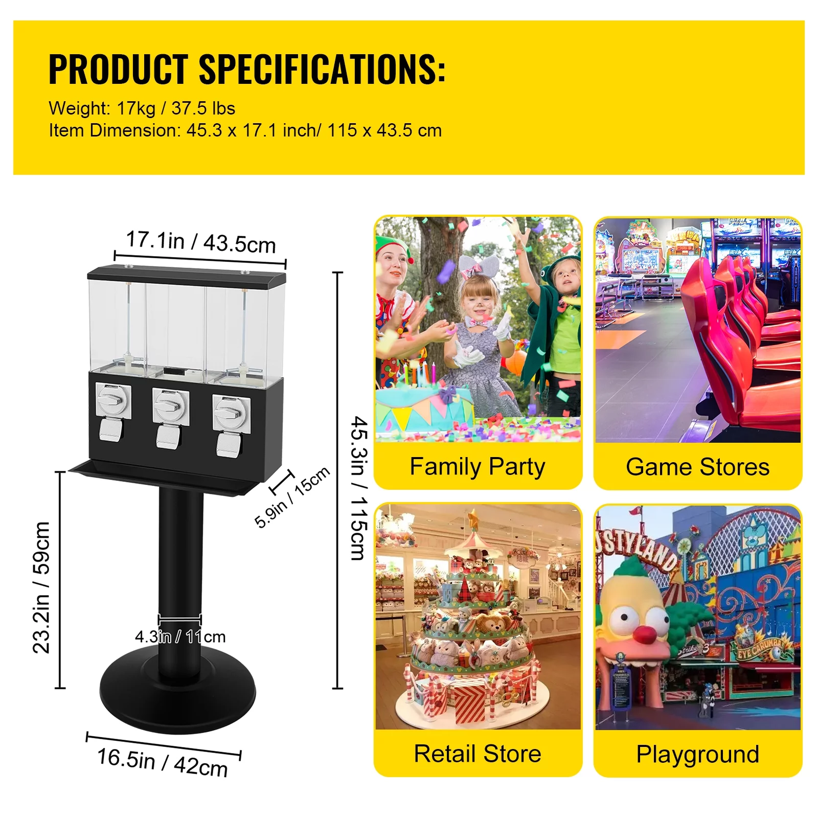 BENTISM Gumball Bank Triple Pod Candy Ball Vending Machine 115cm Height 350pcs gums 45Lbs Capacity Great Gift For Junior Kids Candy Dispenser With 3 locks & 6 keys
