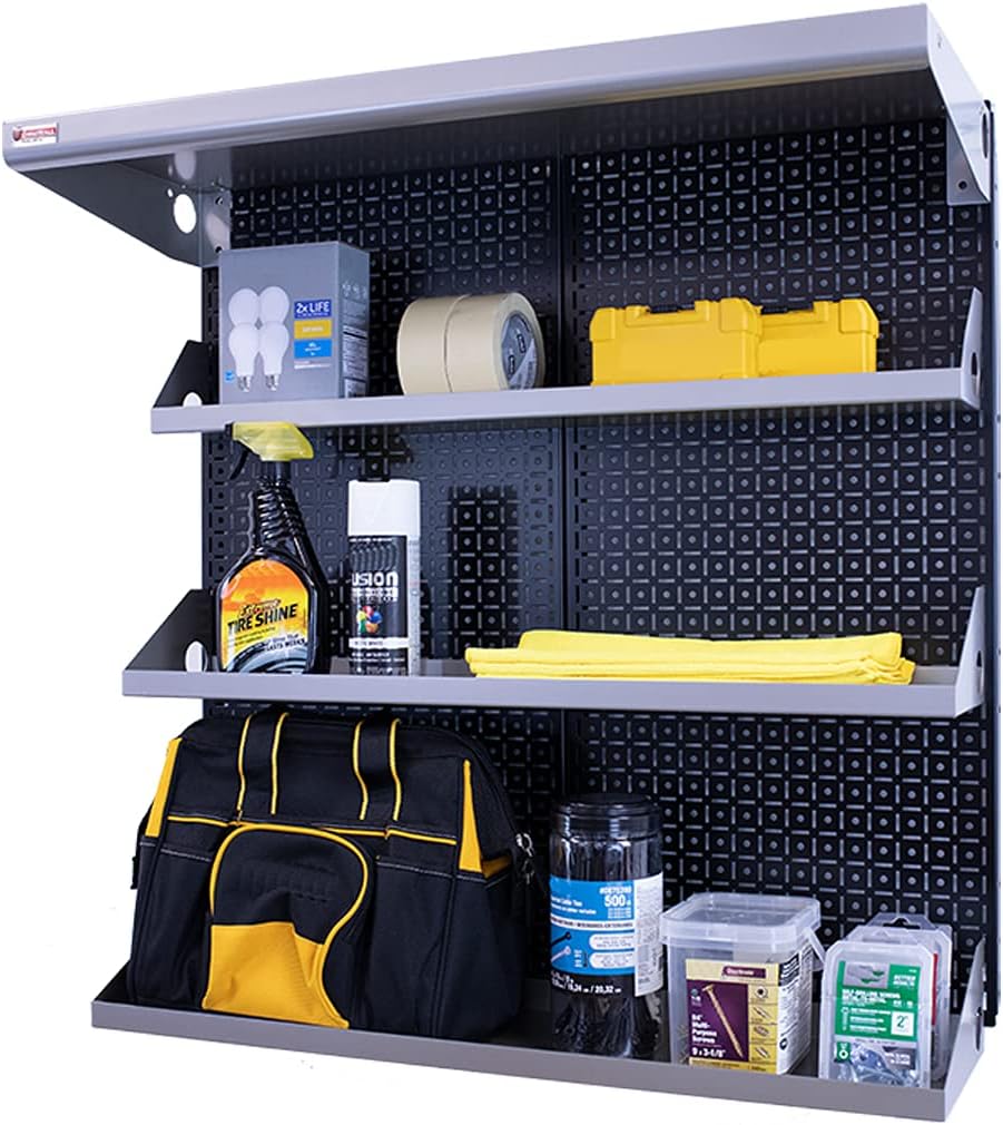 Metal Pegboard Shelving Organization System OmniWall Shelving Kit 32" x 32" Modular Pegboard- Panel Color: Black Accessory Color: Silver