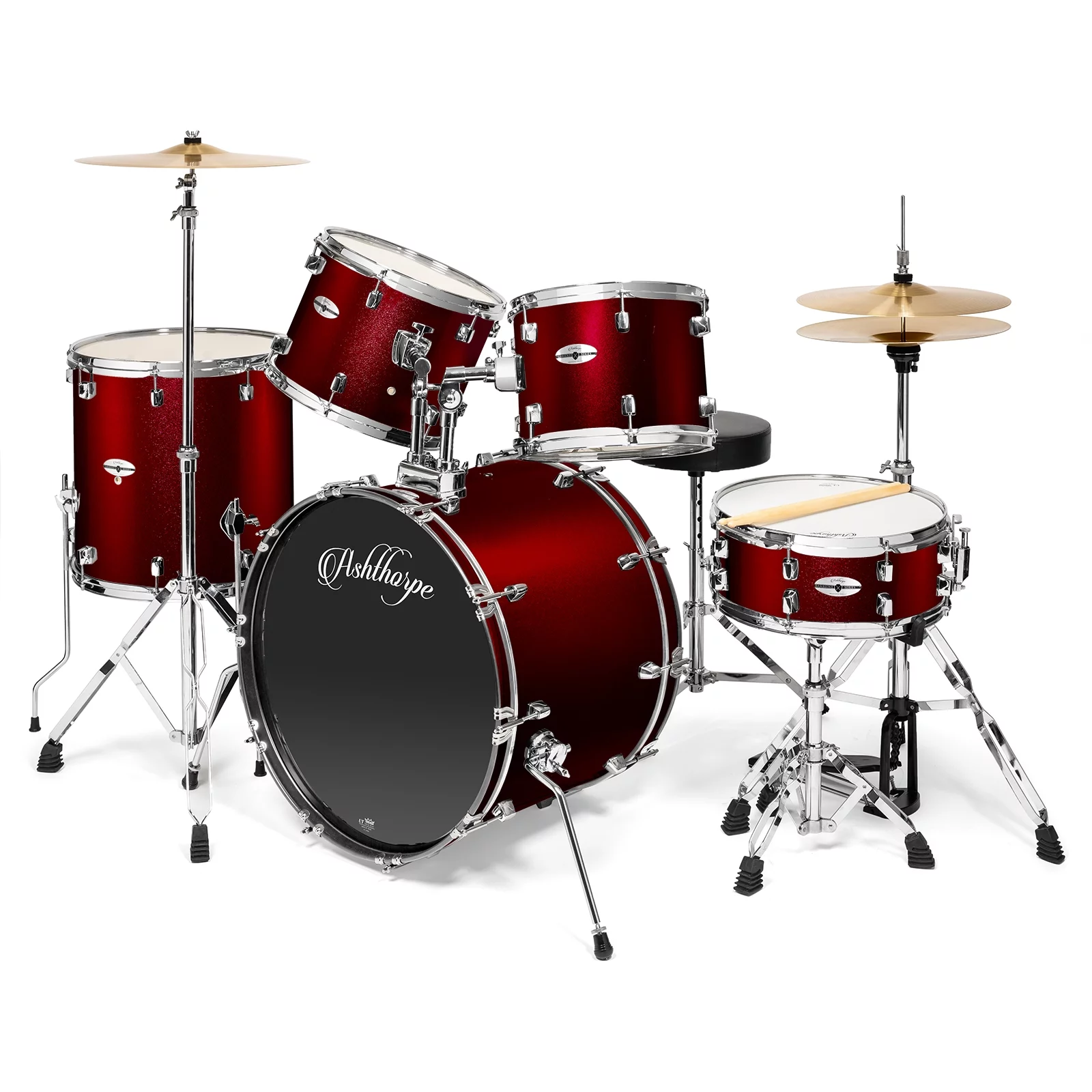 Ashthorpe 5-Piece Full Size Adult Drum Set with Remo Heads and Premium Brass Cymbals Complete Professional Percussion Kit, Chrome Hardware, Red - Curated Treasures Market