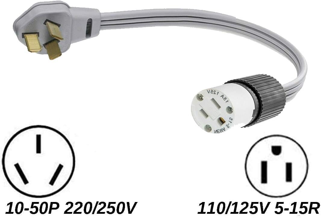 10-50P Male 3-Pin Plug To 3-Pin 5-15R Female Home Wall Outlet, 220/250V Electrical Stove/Range To Gas 110/125V Power Convert/Adapter. FX125V846 Pack of 2
