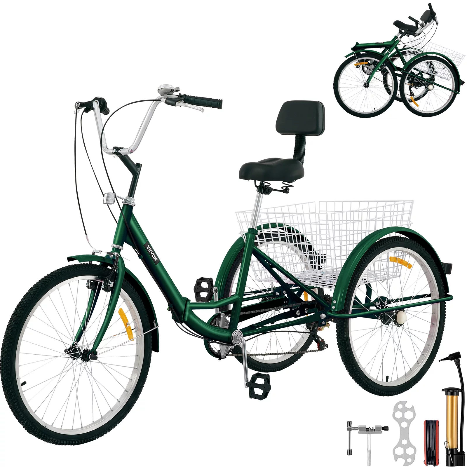 VEVOR Foldable Adult Tricycle 24" Wheels,7-Speed 3 Wheels Trike for Exercise Shopping Picnic Outdoor Activities, Green
