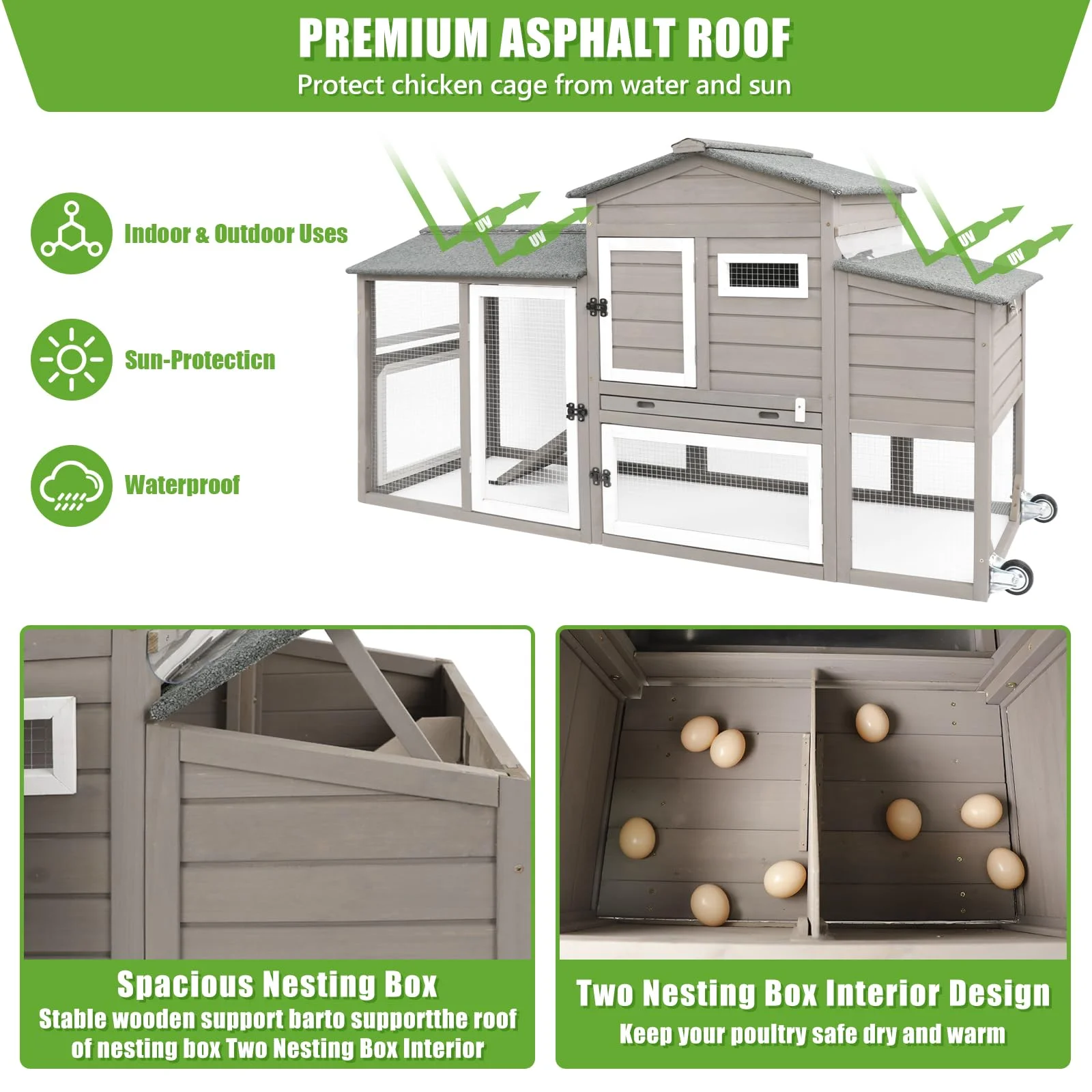 PetsCosset Large Chicken Coop with Wheels, Backyard Wooden Hen House Outdoor for 2-3 Chickens, 2 Story Poultry Cage Chicken Coop and Run, Nesting Box, Pull Out Trays, for Small Animals Rabbit Duck