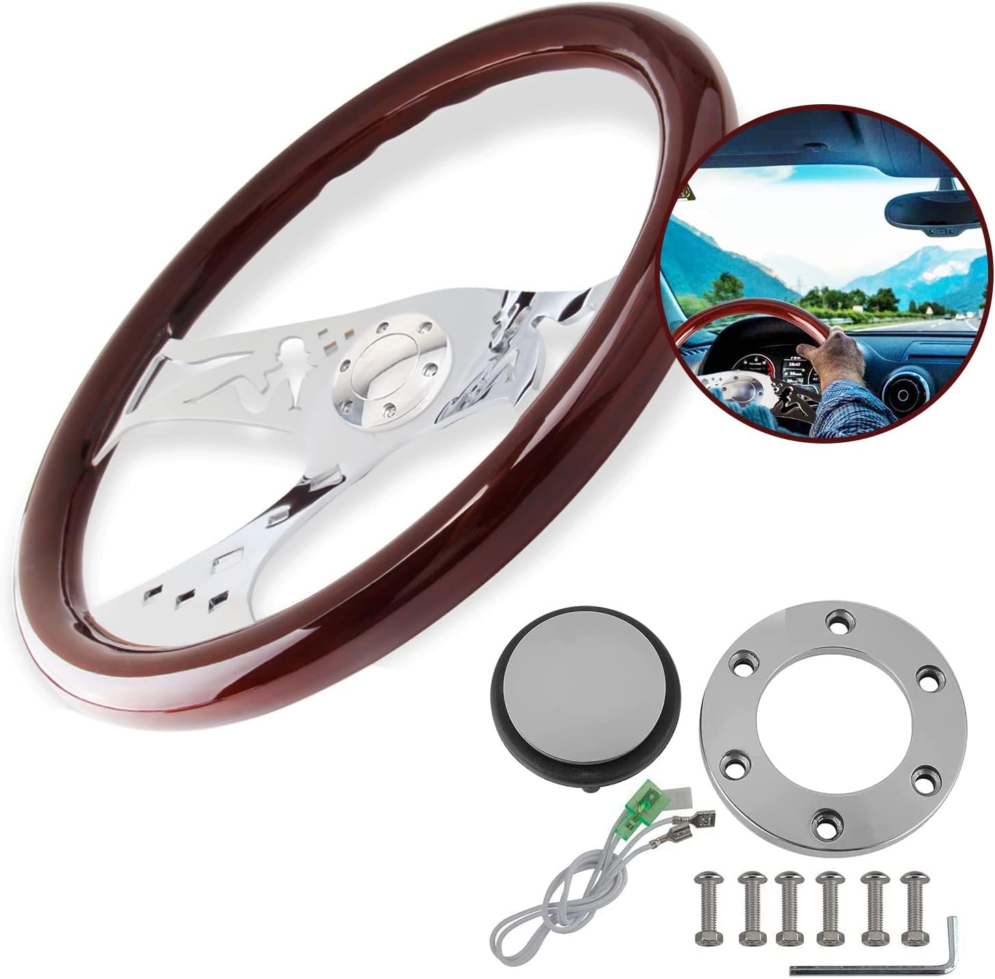 YIUIY 380MM 15" Wooden Steering Wheel with Horn Button Kit- Classic Wood Grain Steering Wheel - Nostalgia Hollow-carved 3 Slotted Style