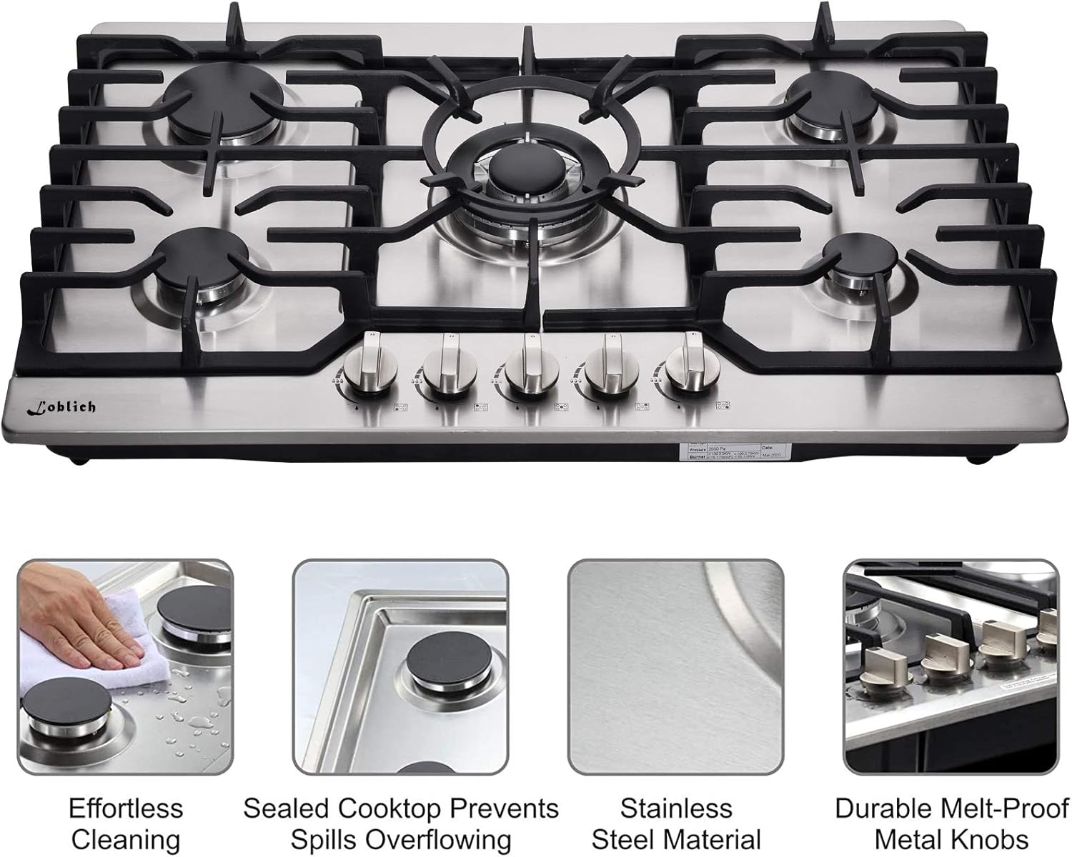 30 Cooktop gas, 5 Burners gas cooktop 30 inch,Gas Stove Gas Hob Stovetop Tempered Glass Cooktop Cast Iron Grates Built-in Gas Stove Top LW2G01 LPG/NG Gas Cooktop