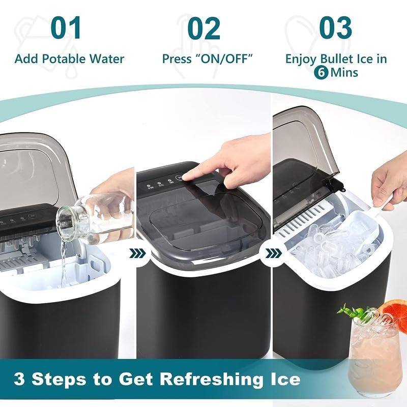 Countertop Ice Maker Machine with Handle, 26lbs in 24Hrs, 9 Ice Cubes Ready in 6 Mins, Auto-Cleaning Portable Ice Maker with Basket and Scoop, for Home/Kitchen/Camping/RV. Utensils