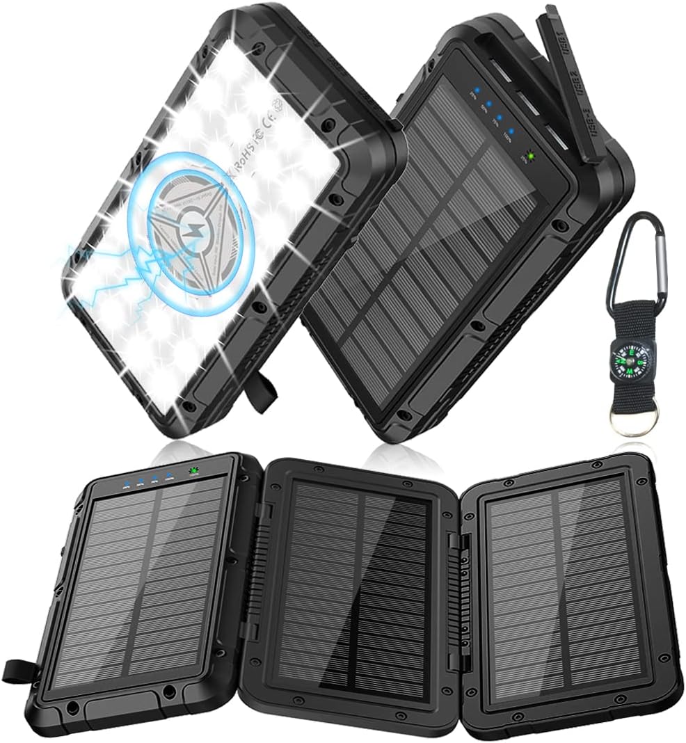 Solar Charger-Power Bank-Portable Charger,Xsaberal 5 in 1 Solar Charger Power Bank 10000mAh with 3 Foldable Solar Panels Outdoor,Wireless Portable Charger Camping Light 3 Outputs