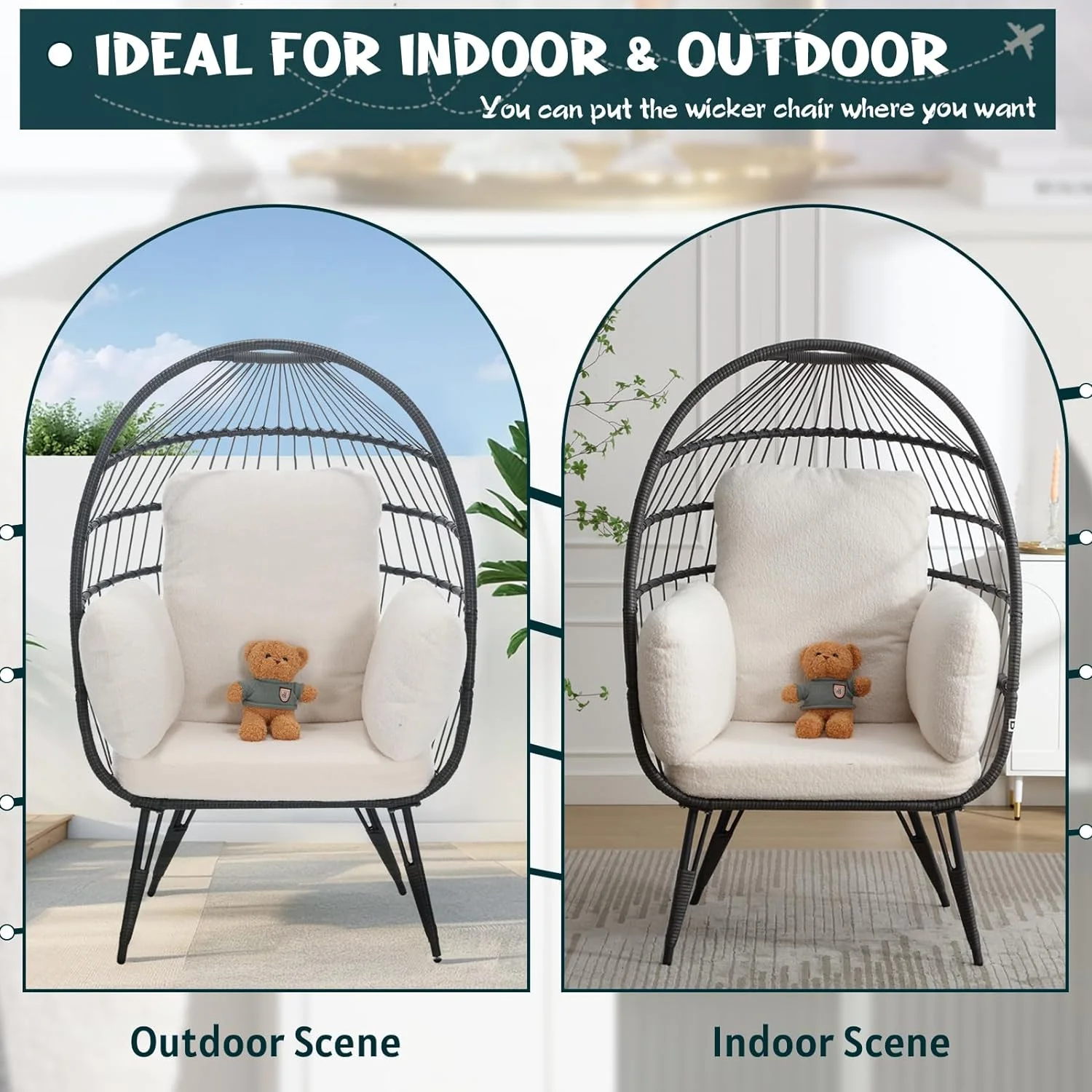 Wicker Egg Chairs Outdoor Set of 2, Oversized Rattan Chairs Indoor with Solid Stand, Comfy Patio Basket Chairs with Soft Cushions, Modern Lounge Chairs with a Cute Toy for Patio, Balcony, White