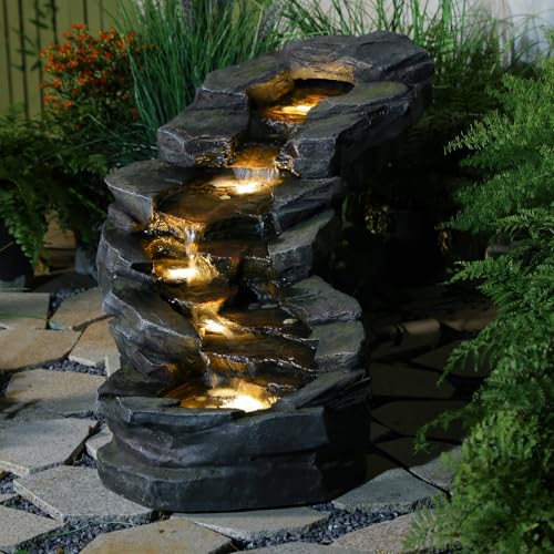 37" L Garden Outdoor Water Fountain, Floor Standing 5-Tiers Rock Natural Waterfall Outdoor Fountains with LED Lights for Patio, Porch, Home Art Decor