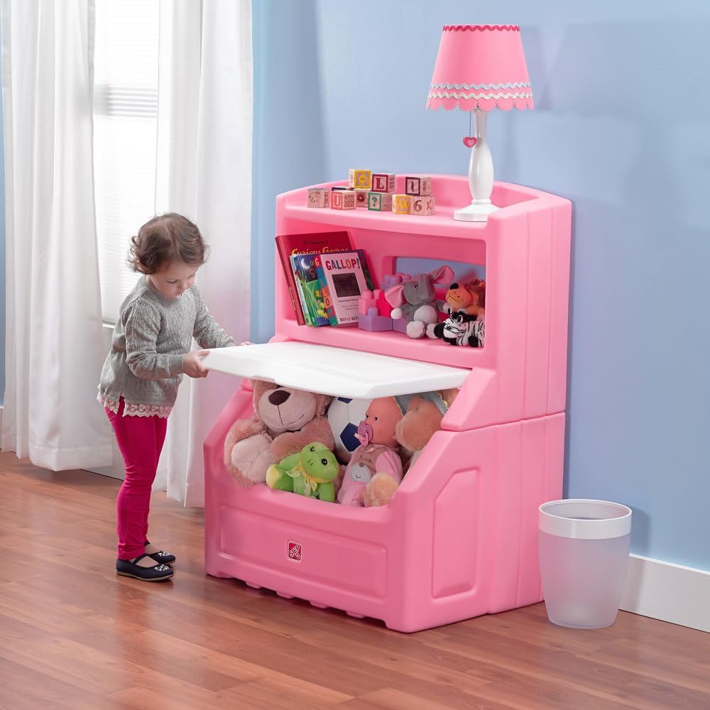 Step2 Lift and Hide Bookcase Toy Box Storage Chest for Kids - Durable Plastic Bookshelf Toys Organizer, Pink