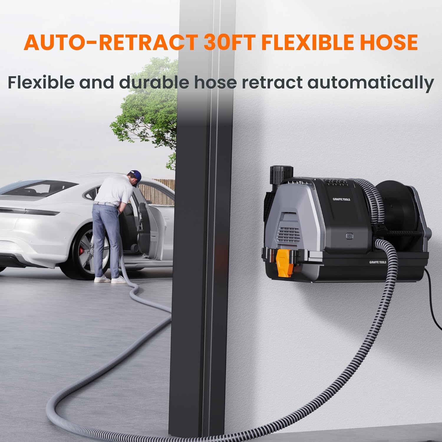 Giraffe Tools Wall-Mounted Vacuum Cleaner with 30FT Retractable Hose, Wet Dry Vacuum Cleaner with 6 Nozzles for Car Detailing Remote Control, Grey