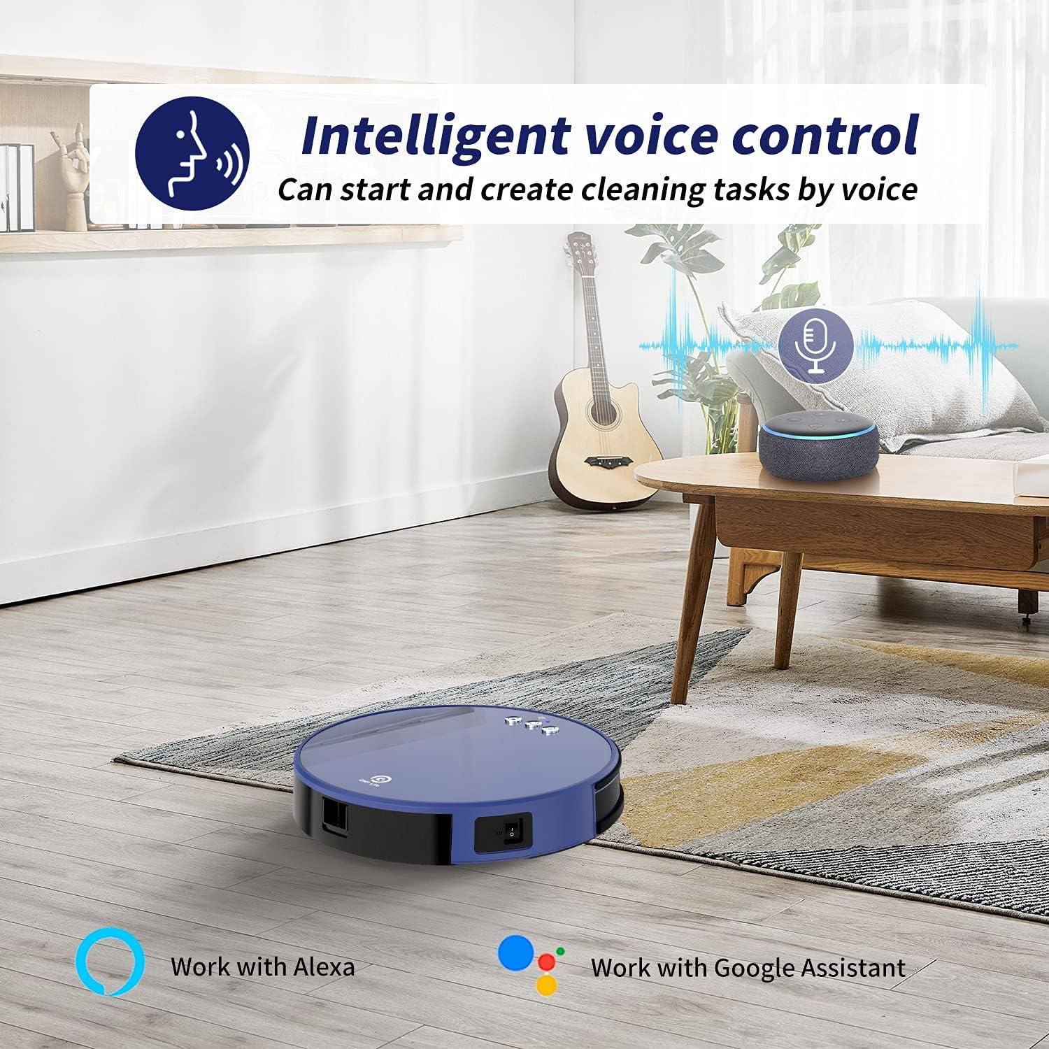 OKP Robot Vacuum Cleaner, 2000Pa Super Suction, Two-Layer Dust Box Design, Self Charging, Quiet Cleaning for Pet Hair, Blue